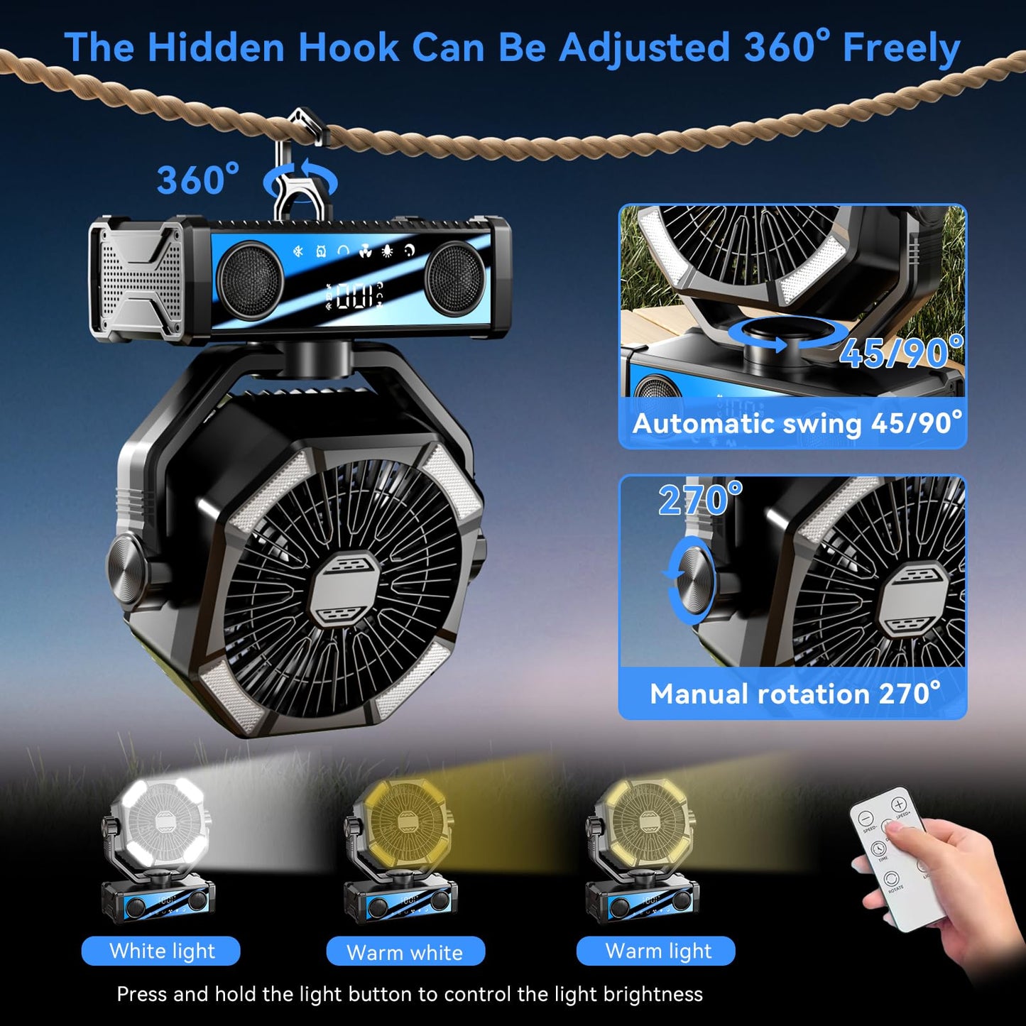 Portable fan rechargeable with 5.3 Bluetooth Speaker, 25000mAh Camping Fan with 5 Speed Touch Control & 3-Mode LED Light, Remote, USB/Type-C Ports