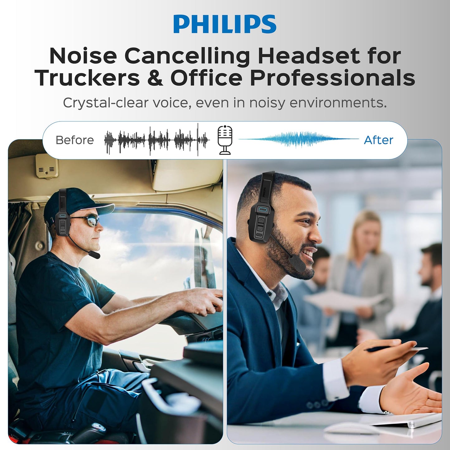 Philips Trucker Bluetooth Headset with Mic, Wireless Trucker Headset with AI Noise-Canceling Microphone & Instant Mute Button, Reliable Long Battery