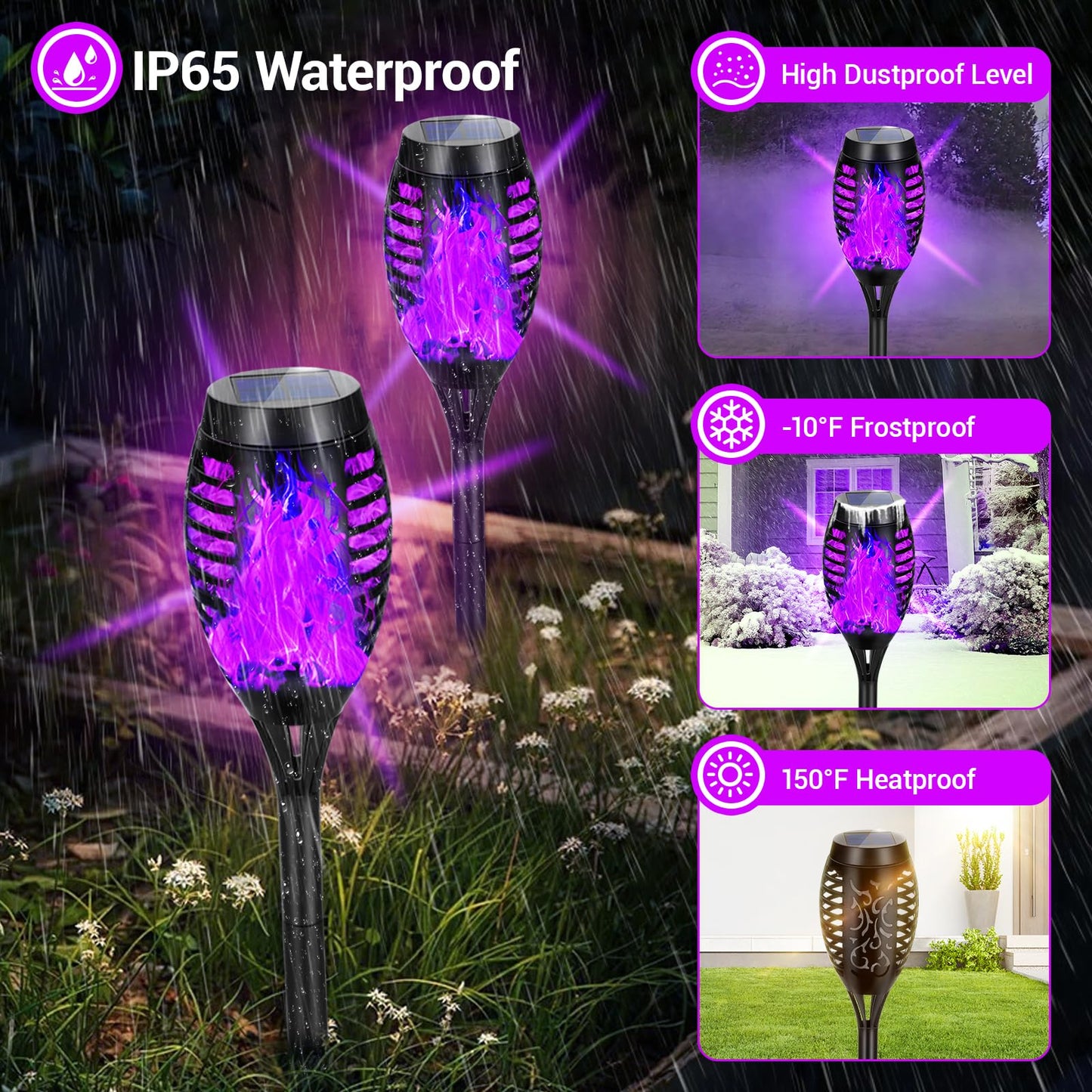 AOUNQ Solar Lights Outdoor, Upgraded 10 Pack Purple Solar Torch Lights Outdoor Flickering Flame for Garden Decor, Waterproof Outdoor Lights Solar