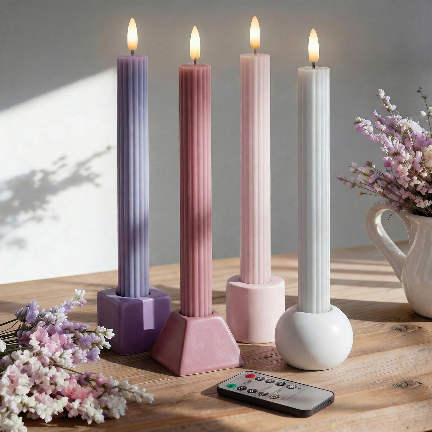 West Ivory Dusty Mauve Coordinated Pinkish Lilac 4 Pack, 10" Real Wax LED Flameless Fluted Ribbed Grooved Taper Candles, Remote & Timer, On/Off