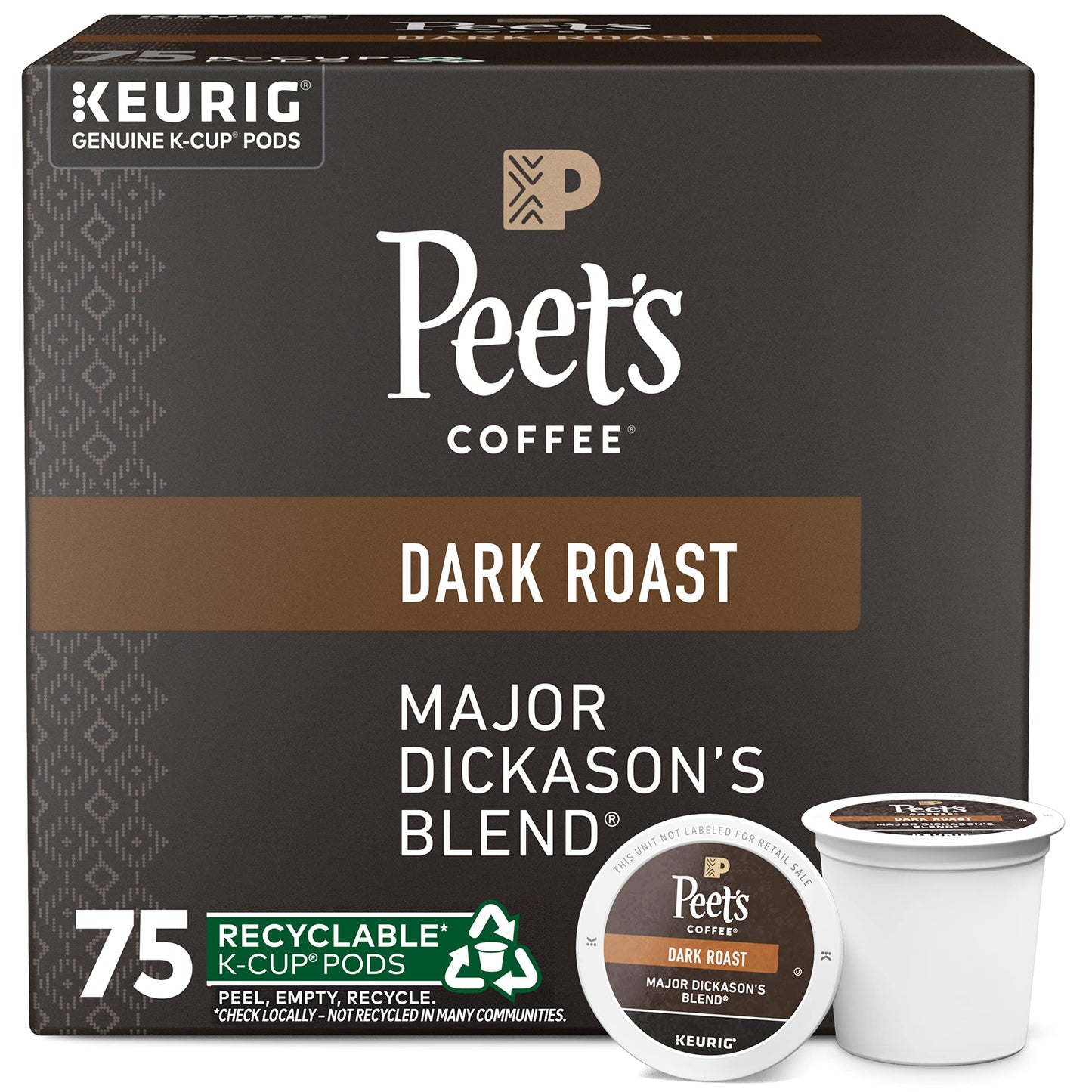 Peet's Coffee, Dark Roast Keurig K-Cup Pods, 100% Arabica Coffee - Major Dickason's Blend 75 Count (1 Box of 75 Pods)