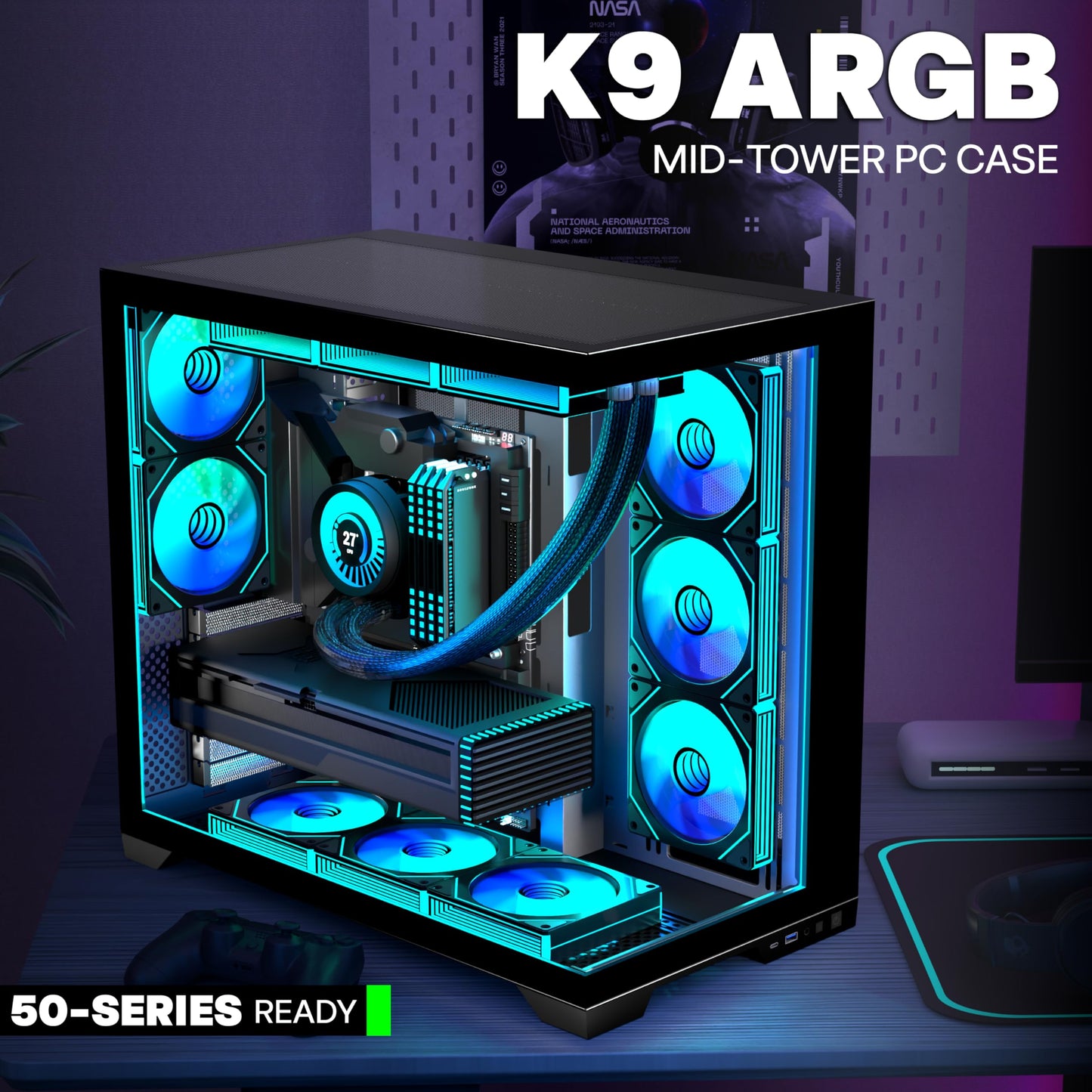 ANSAITE PC CASE 9 PWM ARGB Fans Pre-Installed, Mid-Tower Gaming PC Case, Panoramic Tempered Glass Computer Case with Type-C,420mm&360mm Radiator