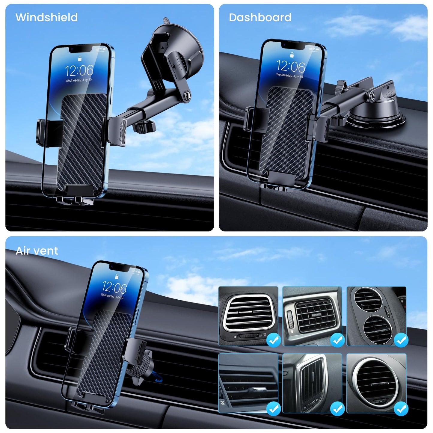 GUWEZ Phone Holders for Your Car [Military Grade Suction Ultra Strong Base] Cell Phone Car Holder 3 in 1 Dashboard/Windshield/Air Vent Hands-Free