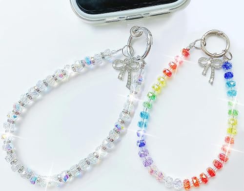 2 Pack Bling Crystal Keychain Charms Phone Wrist Strap for Women Girls,Shiny Lanyard Bracelet for Bags Carkeys Earphone Purse