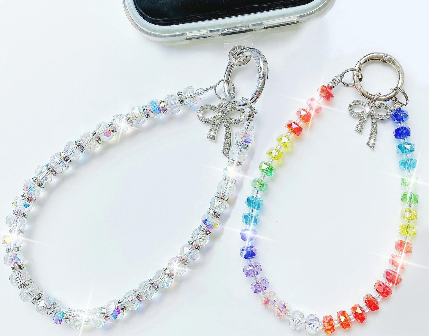2 Pack Bling Crystal Keychain Charms Phone Wrist Strap for Women Girls,Shiny Lanyard Bracelet for Bags Carkeys Earphone Purse