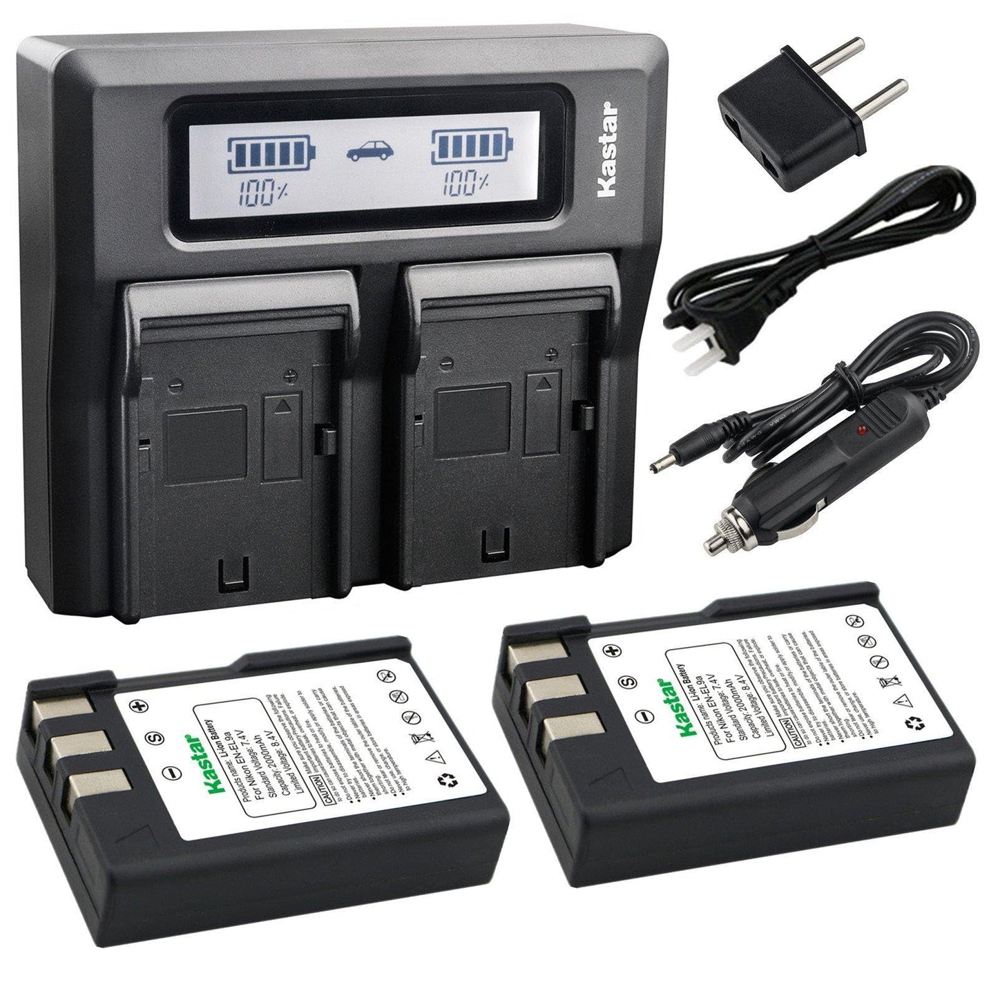 Kastar Fast Dual LCD Charger + 2X Battery for Nikon EN-EL9 EN-EL9a EN-EL9e Battery, MH-23 Charger and Nikon D40 D40X D60 D3000 D5000 SLR Cameras
