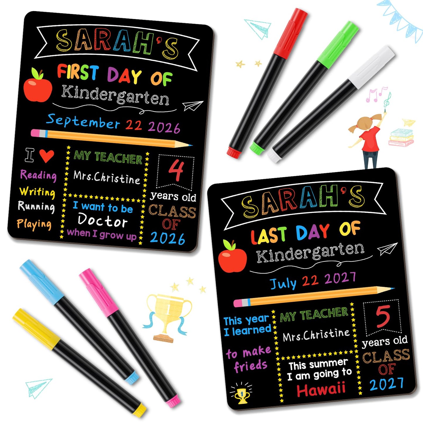 First & Last Day of School Signs with 6 Writing Pens, 10 x 12 Inch Double Sided Back to School Board, Reusable Wooden 1st Day