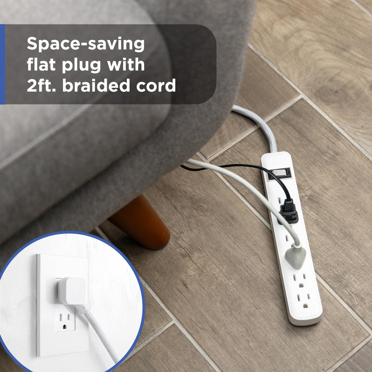 GE 6-Outlet Surge Protector Power Strip 2-Pack, 2ft Braided Extension Cord, 245J Protection, Flat Plug, Wall Mount, Circuit Breaker, ETL Certified