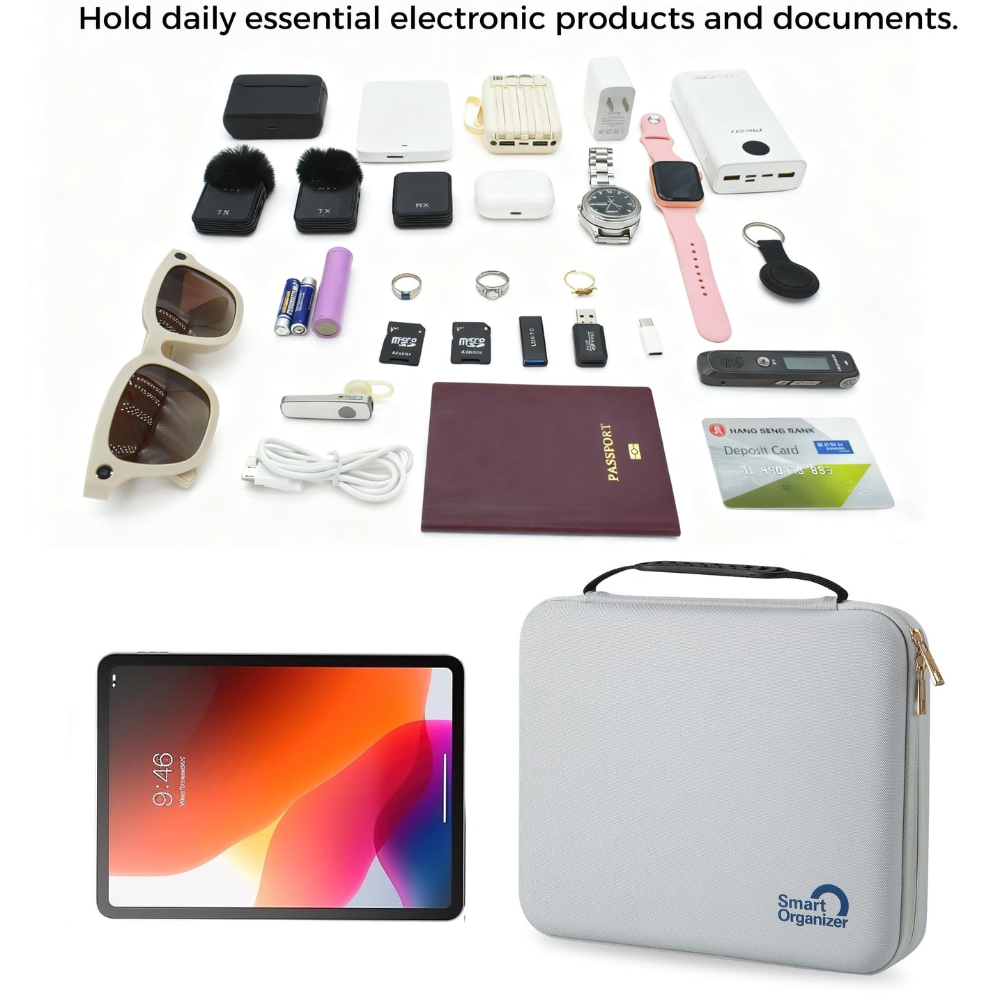 Electronics Organizer Case,Travel Essentials Bag for iPad,Tablet, Charger, Cables, Power Bank,Lapel Mic, Earphones, Watches, Tech Accessories Carry