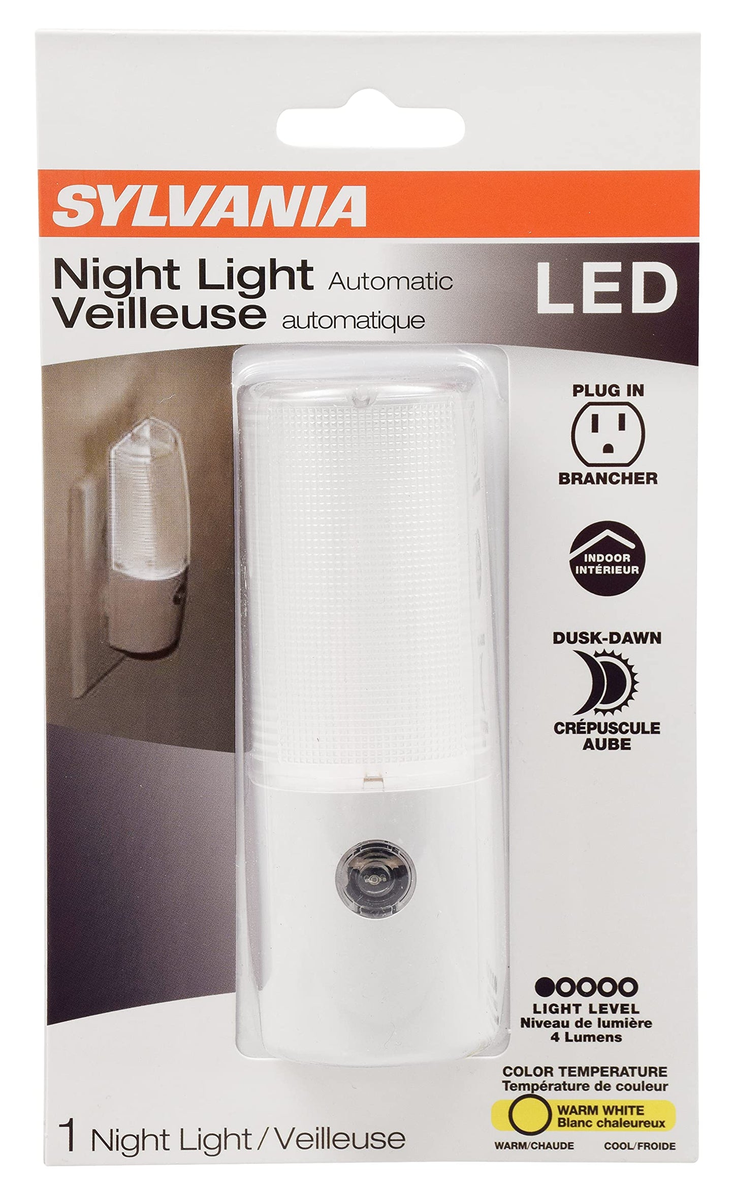 SYLVANIA Automatic Traditional Style Night Light, 10 Lumens, Warm White, 3000K, Plug-In - 1 Pack (64990)