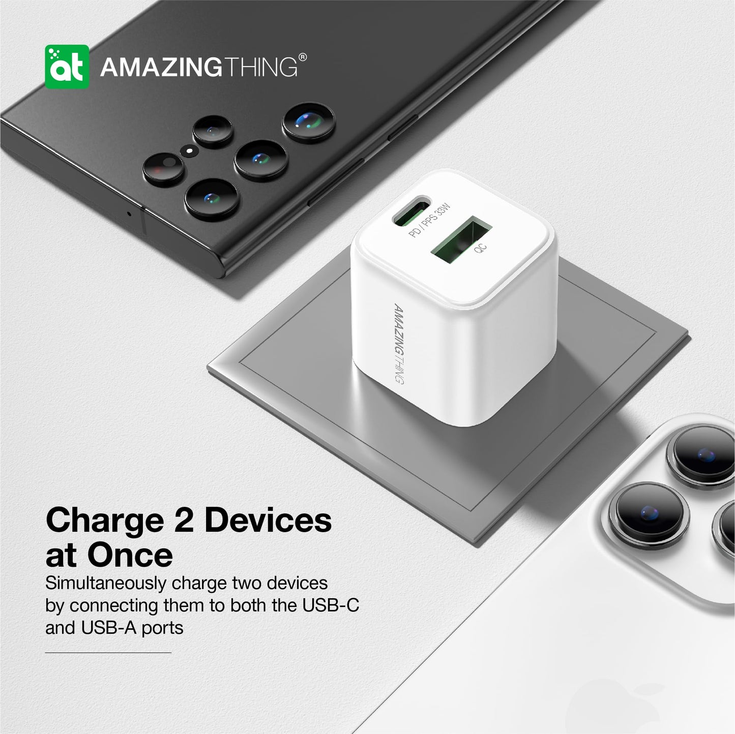 Dual Ports Charger Block, USB A&C Wall Charger, PPS PD 33W Fast Charging Power Adapter for Cellphone and Tablet (iPhone 17/16/15/14/13/12/11/X
