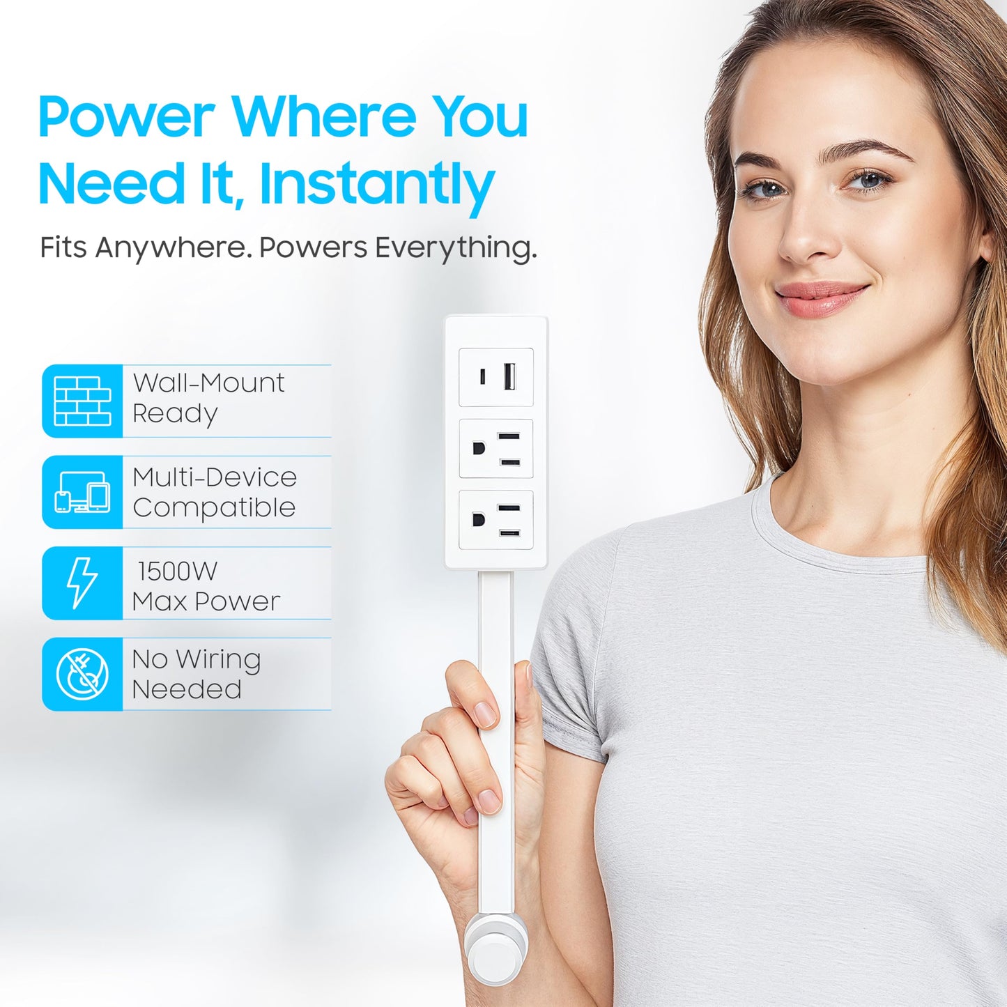 Power Outlet Extender Stick-2AC Plugs-Power Strips USB C & A Ports-180° Rotating Electrical Plug Extension-Surge Protector Power Strip Flat Plug-Wall