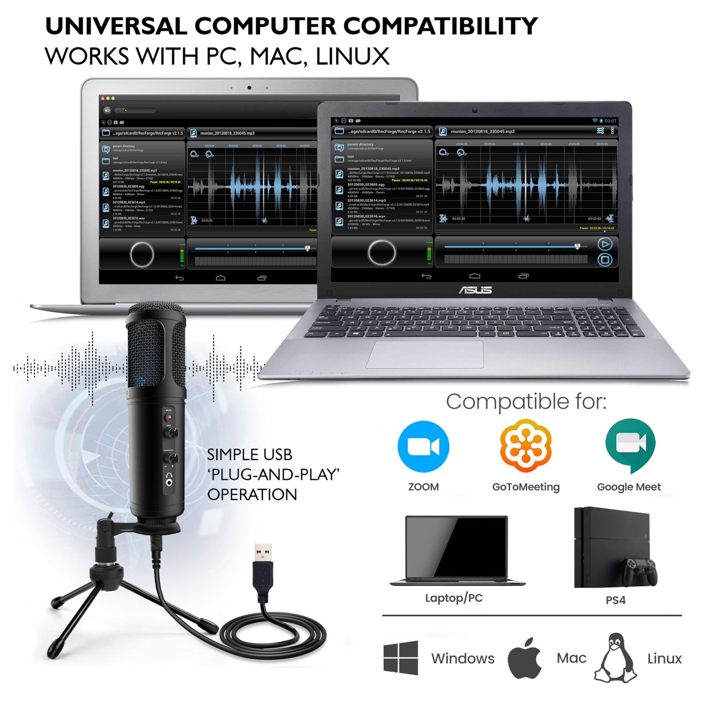 JOVIAL USB PC Recording Condenser Microphone - Blue LED, Adjustable Gain, Headphone Jack, Mute Control, Tripod Stand - Portable Pro Audio Condenser