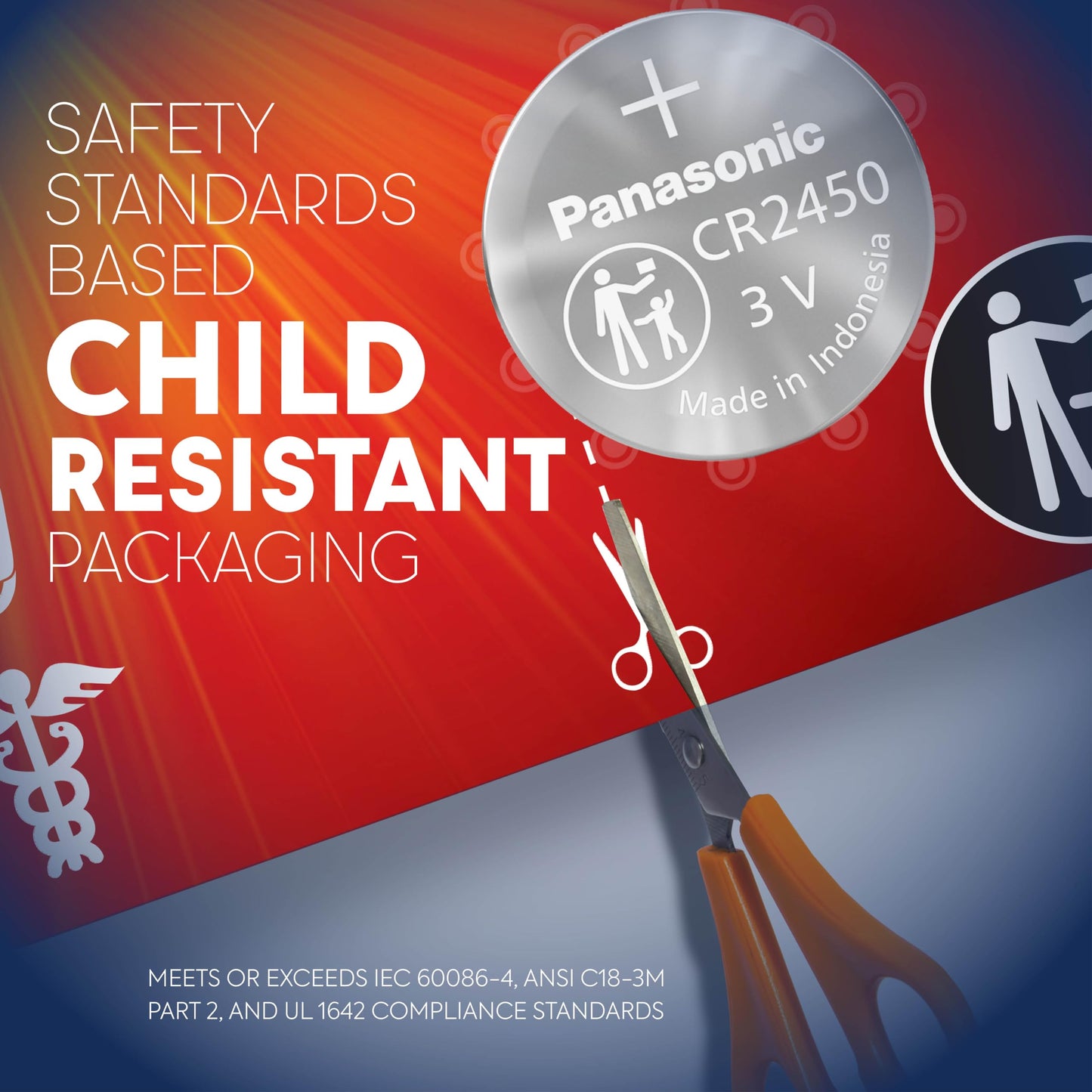 Panasonic CR2450 3.0 Volt Long Lasting Lithium Coin Cell Batteries in Child Resistant, Standards Based Packaging, 4-Battery Pack