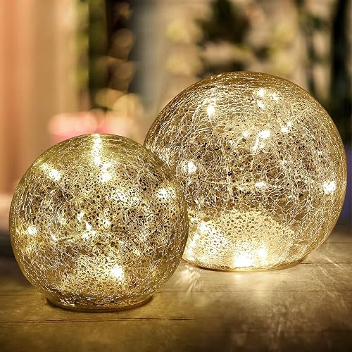 Mercury Crackle LED Glass Globe Ball Lamp with Timer, Battery Operated Night Light for Girls, Birthday, Halloween,Christmas - Decorative Gift for Home