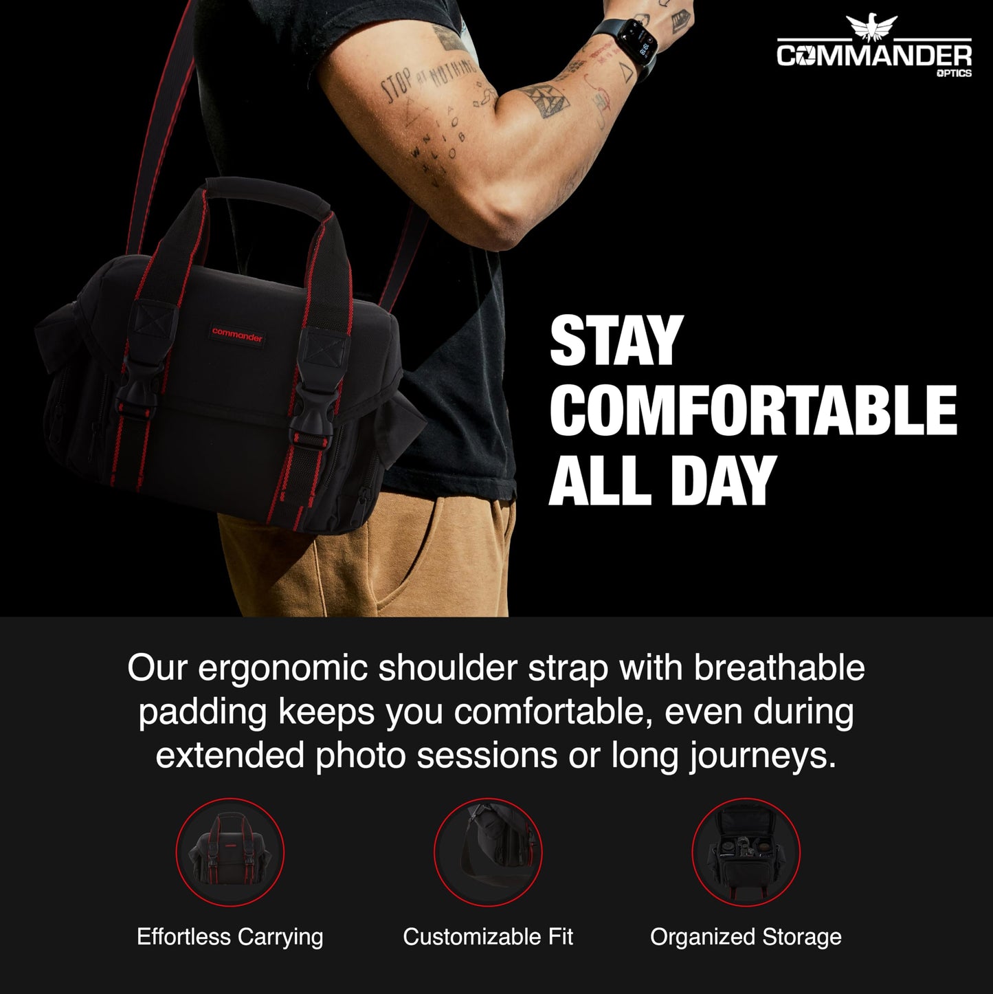 COMMANDER OPTICS Large Camera Bag - Water Resistant, Soft Padded, Spacious Travel Bag for Canon EOS, Nikon, Sony & More DSLR Cameras/Camcorders Ample