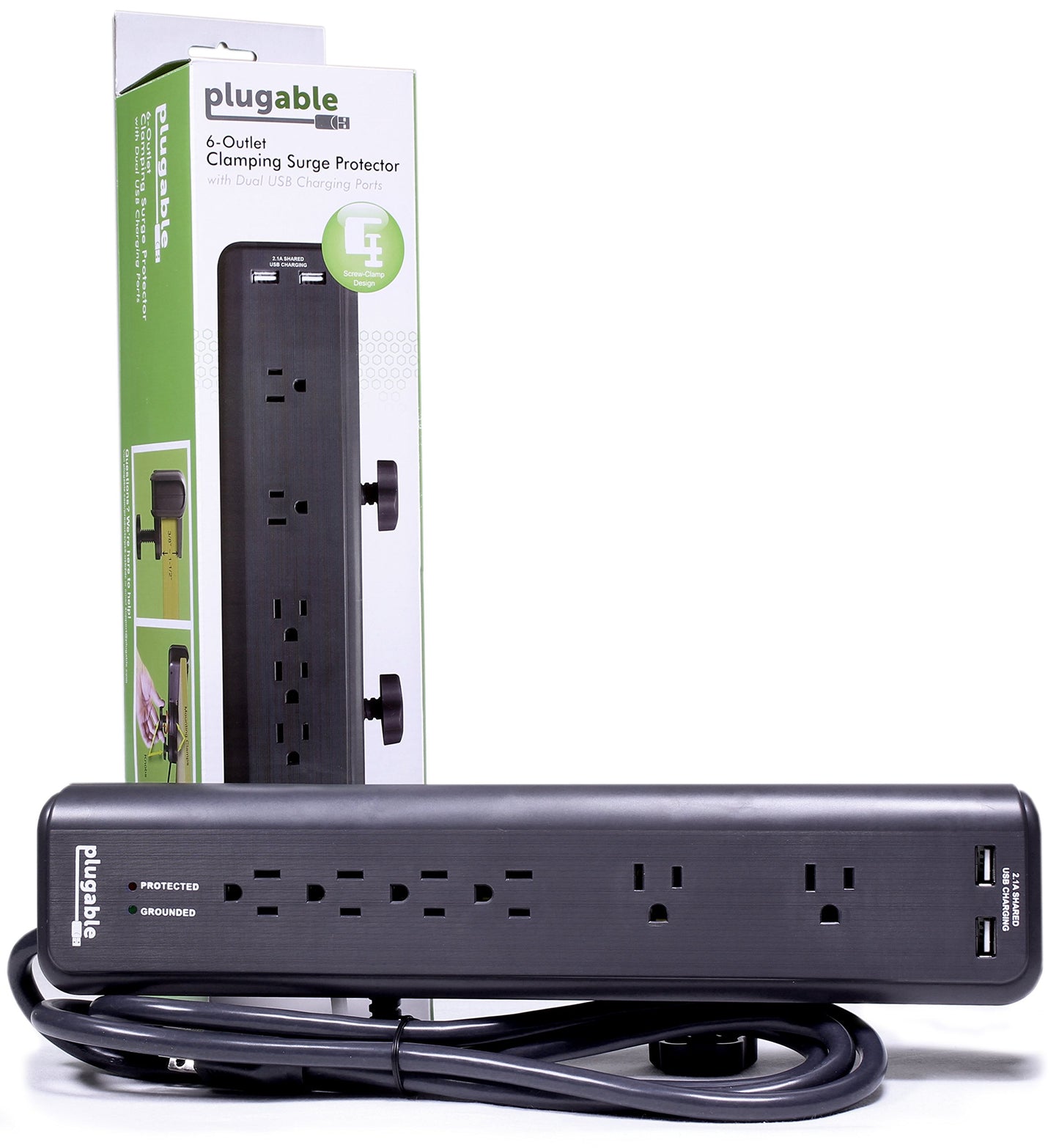 Plugable 6 AC Outlet Surge Protector with Clamp Mount for Workbench or Desk. Built-in 10.5W 2-Port USB Power for Android, Apple iOS, and Windows