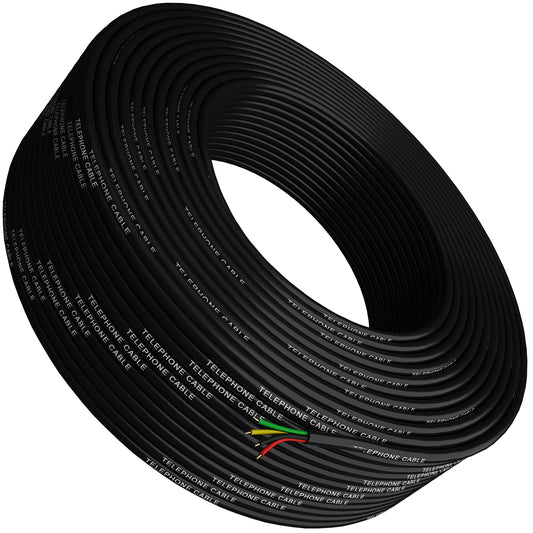 Phone Cable 300ft Rounded Black Roll (100m Long) 4x1/0.4 26 AWG Gauge Solid Wire -Round Telephone Cord Line Extension Bulk Rool Reel -compatible