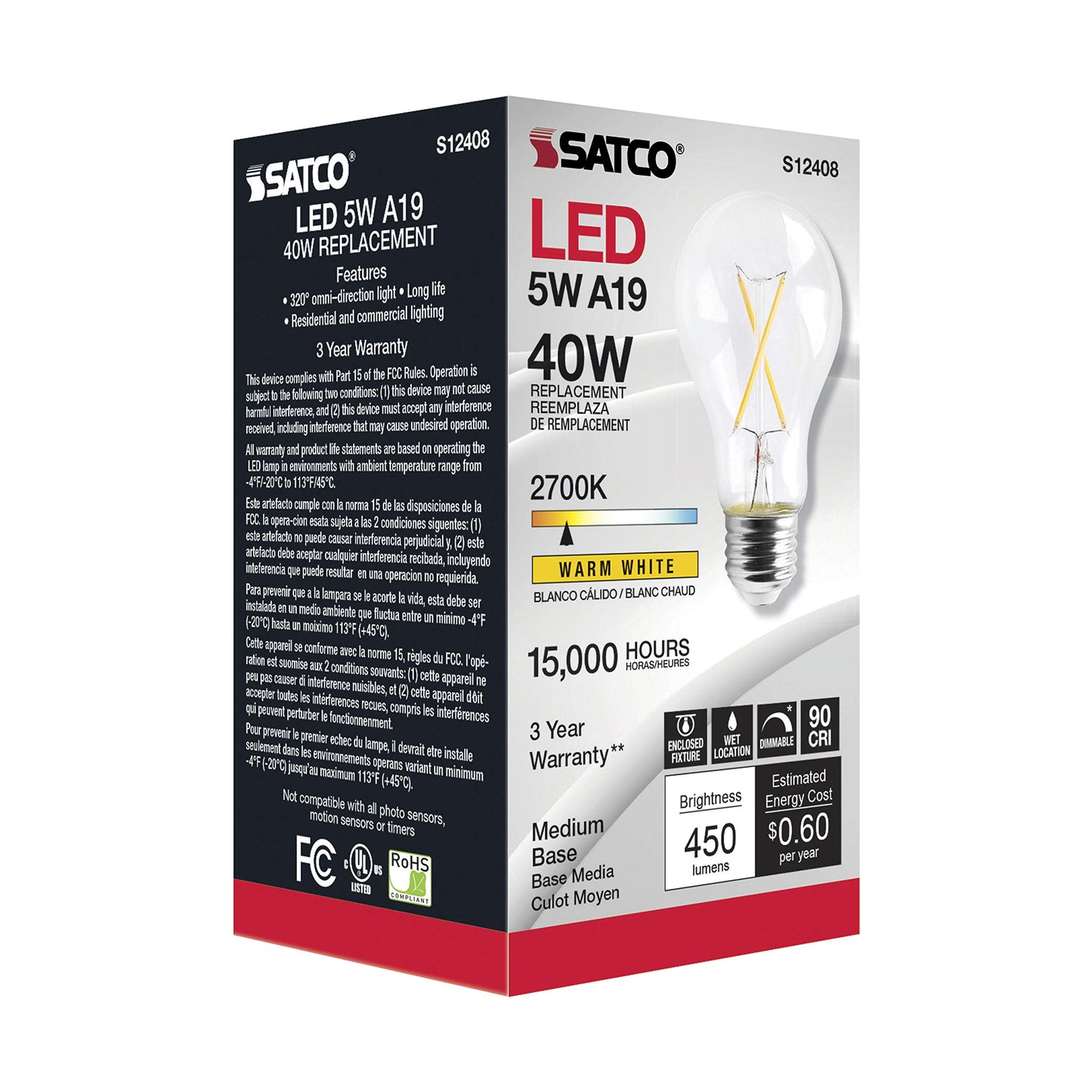 Satco S12408, Clear, Medium Base, 2700K, 90 CRI, 120 Volt, 5 Watt LED A19 Bulb