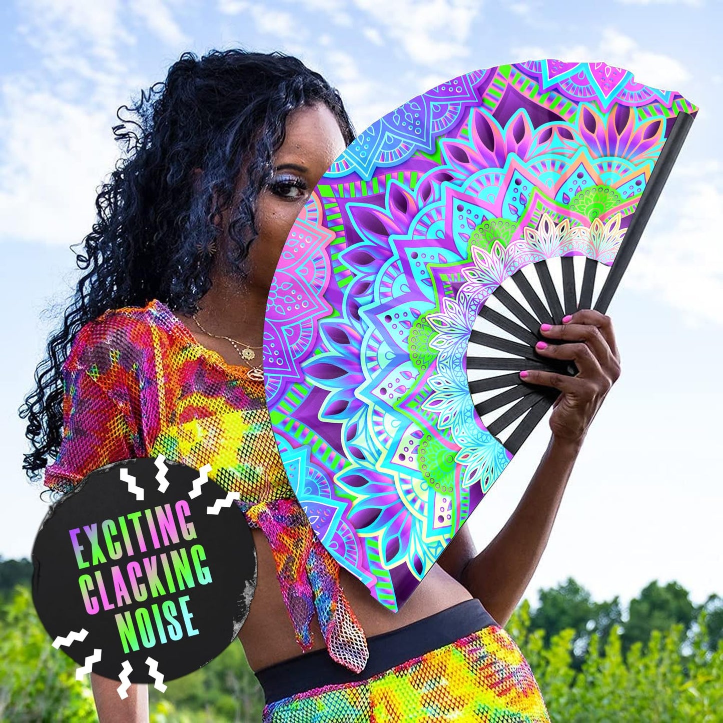 GloFX UV Glow Mandala Rave Handheld Fan - Teal, Pink, Purple & Green Design - Large Folding Fan for Festival Fashion, Essential Rave Accessories
