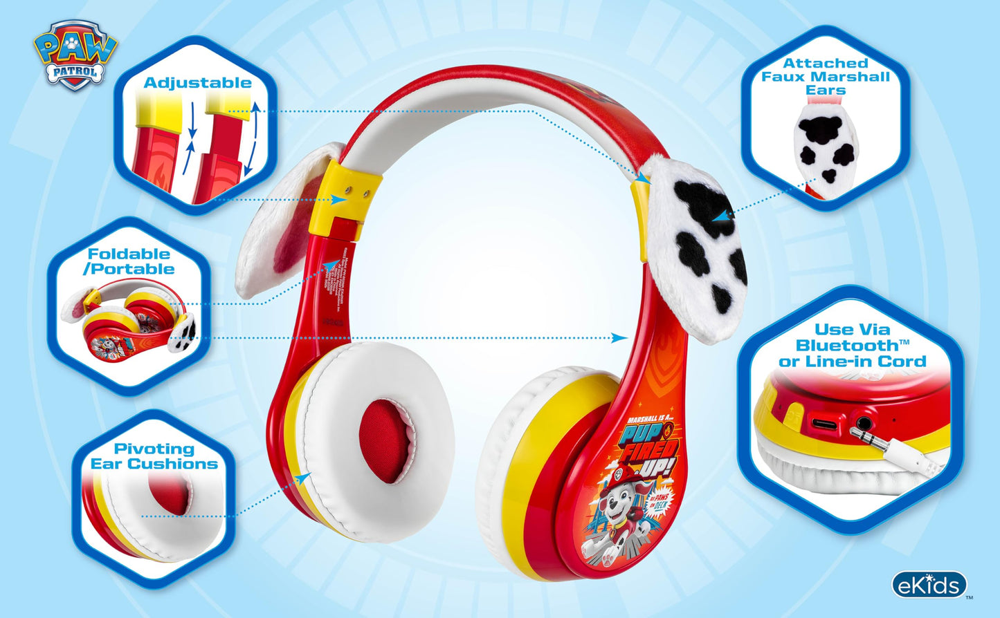 Paw Patrol Marshall Bluetooth Headphones for Kids, Wireless Headphones