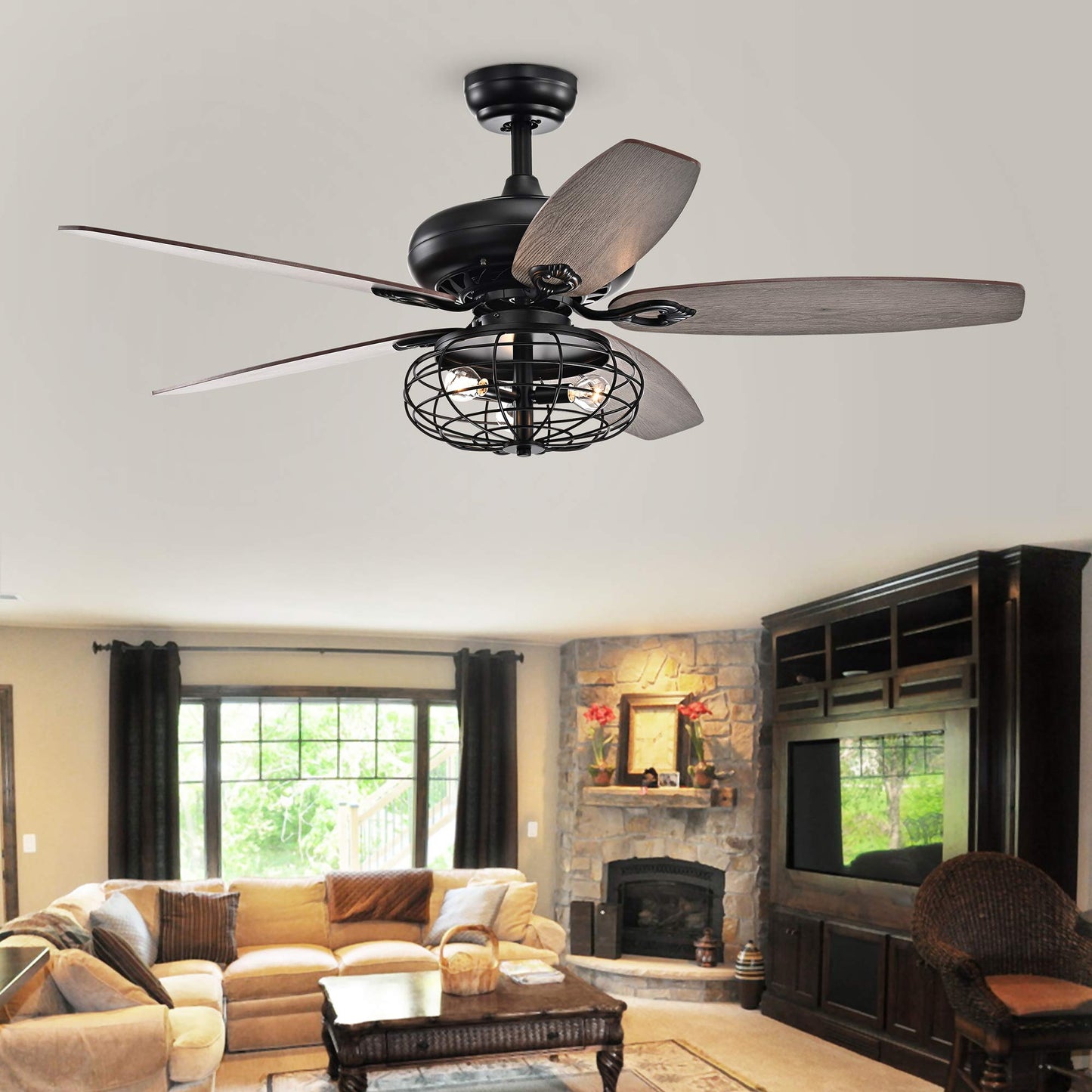 Joye Matte Black 52-Inch 5-Blade Lighted Ceiling Fan with Globe Metal Shade (Optional Chrome Finish)