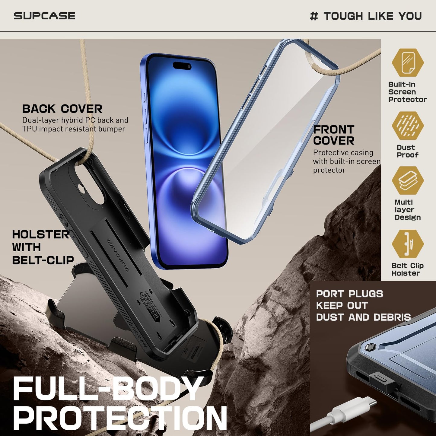SUPCASE for iPhone 16 Case with Screen Protector (Unicorn Beetle Pro), [Built-in Stand & Belt-Clip] [Military-Grade Protection] Full Body Heavy Duty