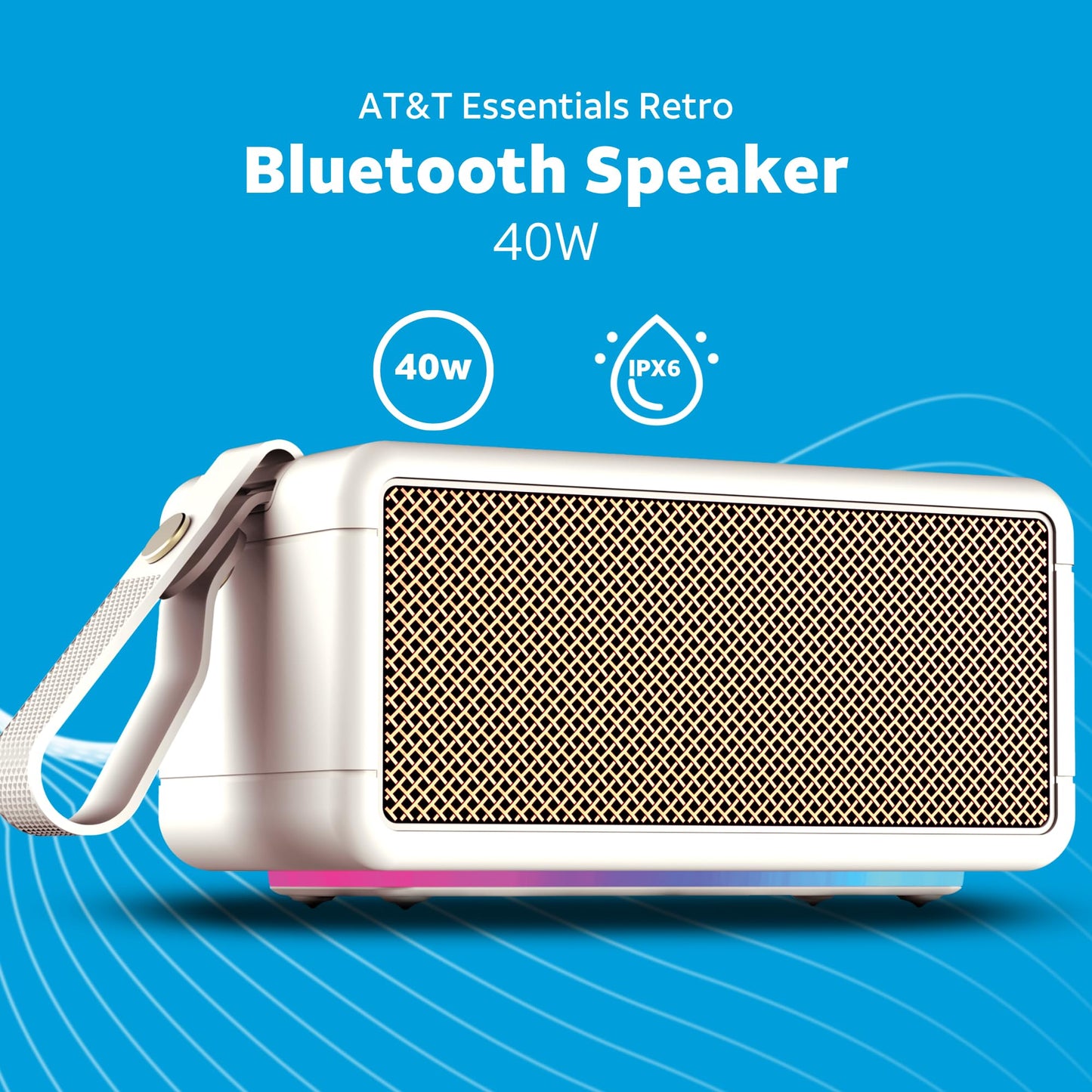 AT&T Essentials Retro 40W Bluetooth Speaker, IPX6 Waterproof, Bluetooth 5.3, LED Light Modes, Bass & Treble Control, 12H Battery, USB-C Charging