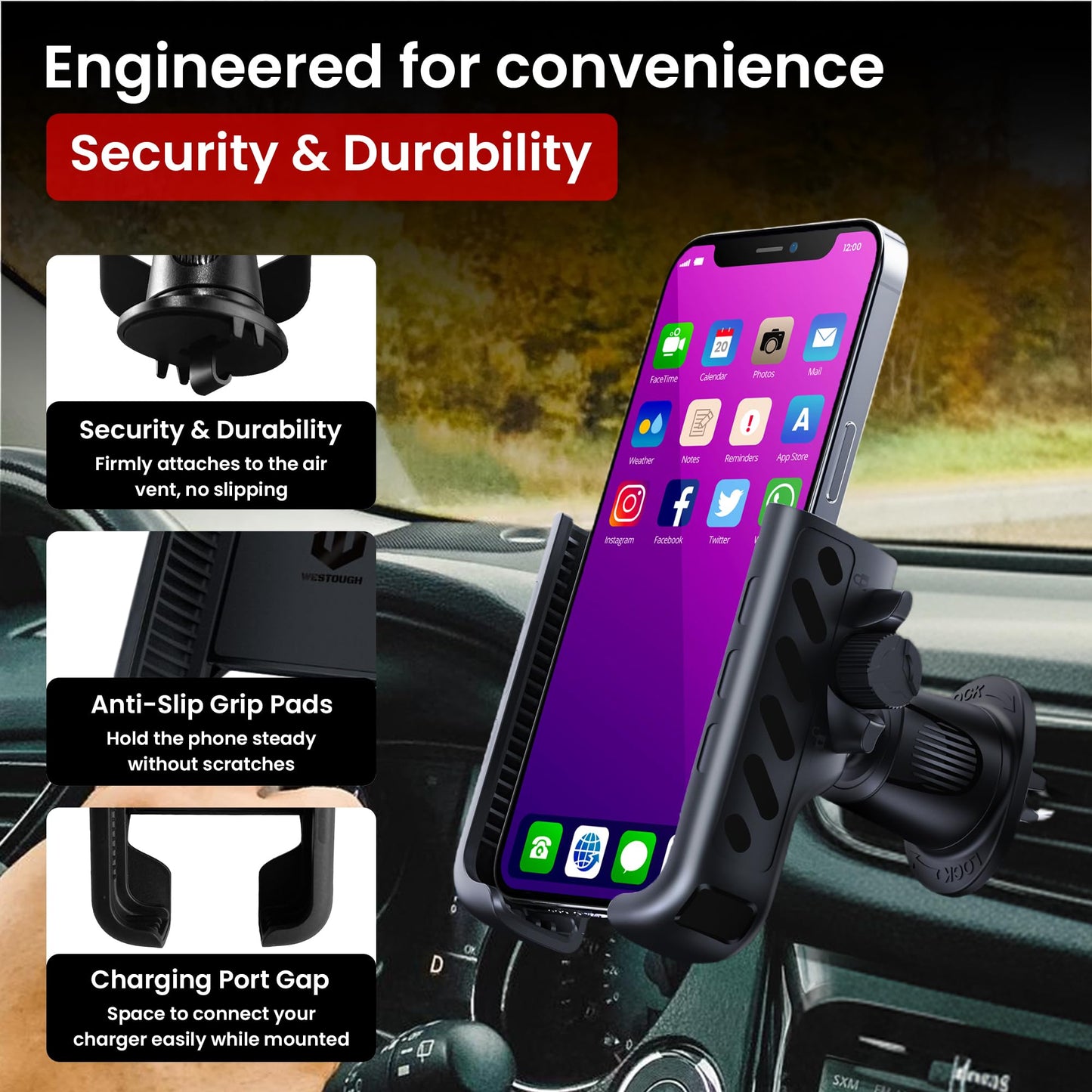 WESTOUGH Car Phone Holder for Air Vent - Easy One-Hand Drop & Lock Car Phone Mount, Secure & Stable 360° Adjustable Vent Holder, Universal Cell Phone
