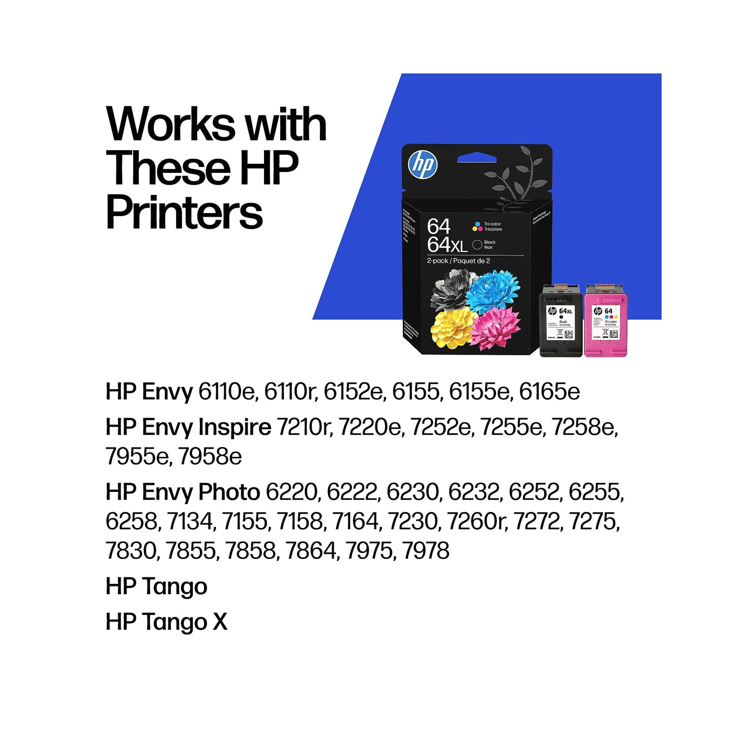 HP 64XL/64 Black High Yield and Tri-Color Standard Yield Ink Cartridges, 2/Pack
