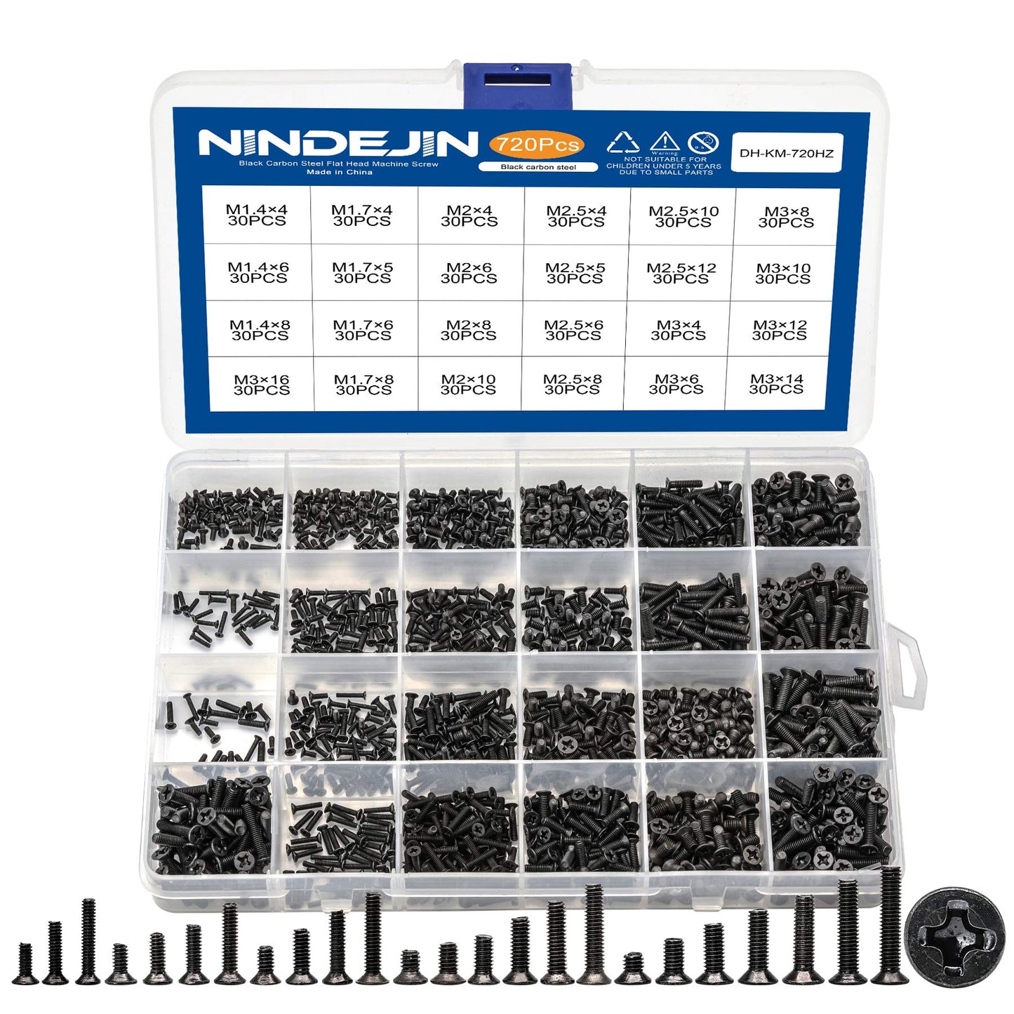 NINDEJIN 720pcs Laptop Notebook Computer Carbon Steel Screws Kit Set, Flat Head Phillips Screw Assortments, M1.4/1.7/2/2.5/3 Countersunk ssd Screws