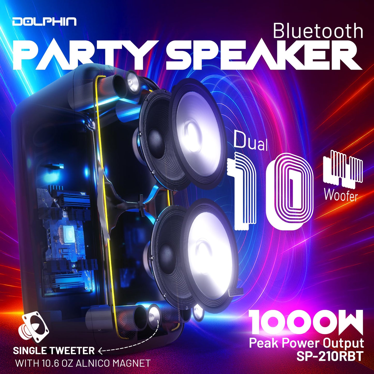 Dolphin Dual 10" Bluetooth Party Speaker - 1000W Big Speaker with 2 Wireless Microphones, Powerful Bass, Multicolor LED Lights, Tailgate Ready