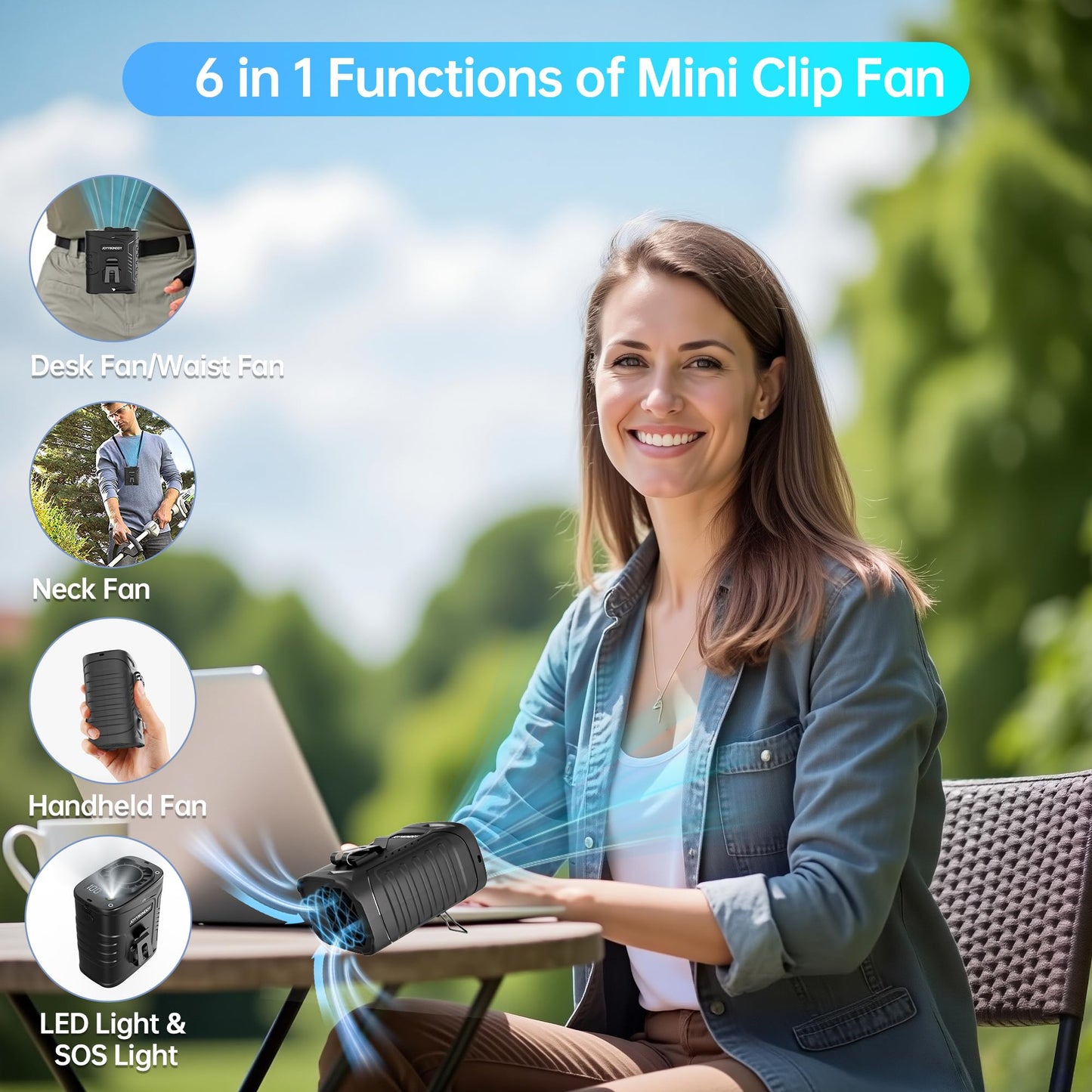 JoyyiKinddy Waist Fan, 5000mAh Rechargeable Belt Clip Fan, 39ft/s Strong Airflow, 5 Speeds, Up to 29H Runtime, Wearable Hands-Free Cooling with LED