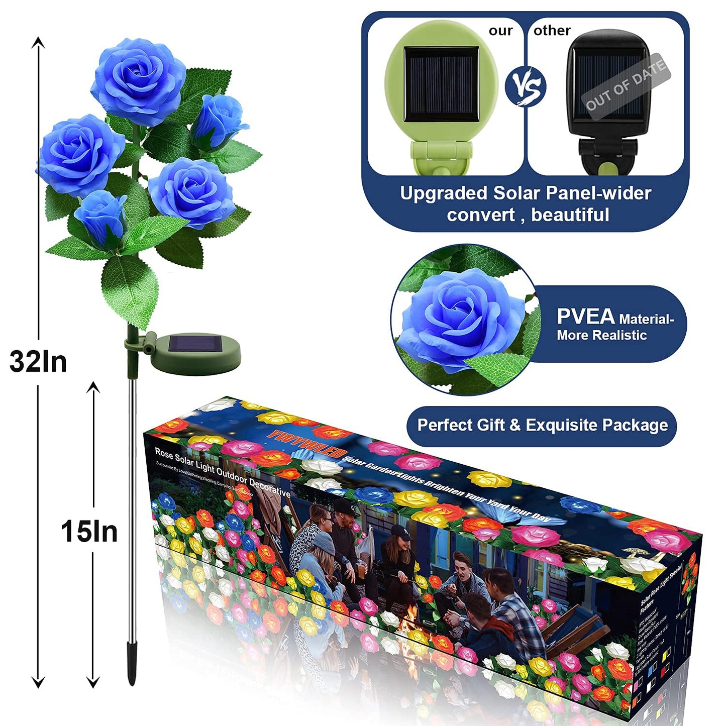 YWYWLED Solar Flower Lights Outdoor - Upgraded New Material Two Modes Realistic LED Solar Powered Waterproof Lights with 5 Roses, Solar Decorative