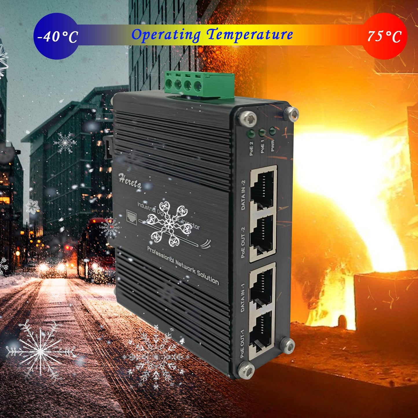 2 Ports Hardened Industrial Gigabit PoE+ Injector 30W Max Per Port 12~48VDC Power Input Support IEEE802.3af/at PoE Device Support 10/100/1000Base-T