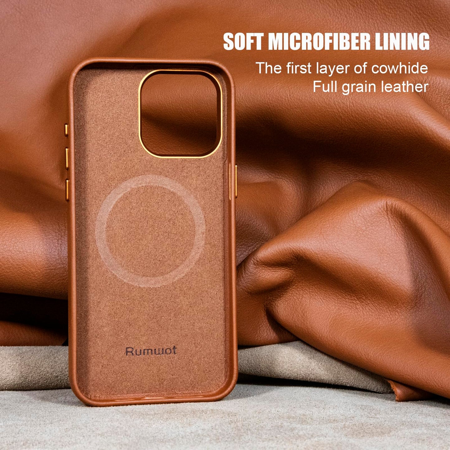 Rumwot for iPhone 15 Pro Leather Case | Genuine Full Grain Leather| Compatible with MagSafe and Wireless Charging | Metal Buttons Camera Bezel | Slim