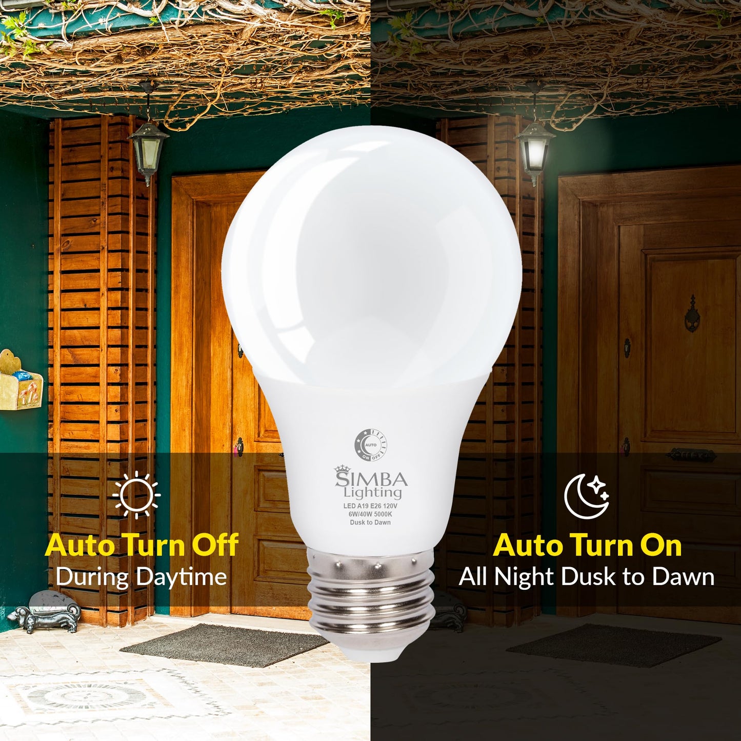 Simba Lighting LED A19 Dusk to Dawn 6W 120V Outdoor Bulbs E26 5000K, 2 Pack