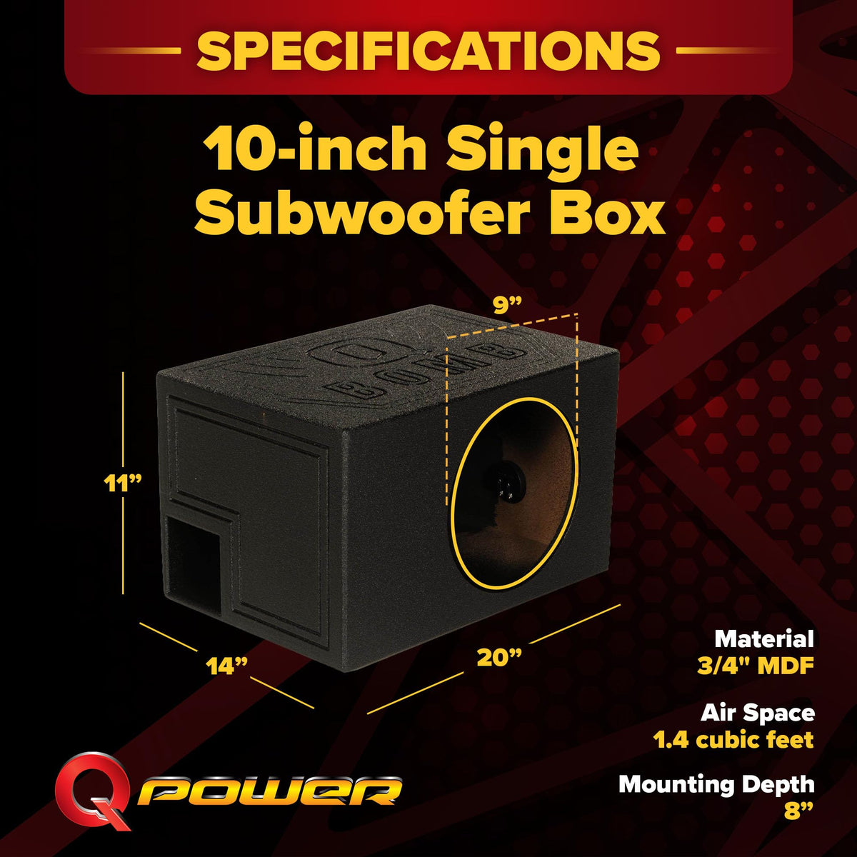 Q Power QBOMB Single 10" Tough Vented Shallow Ported Subwoofer Box, Black