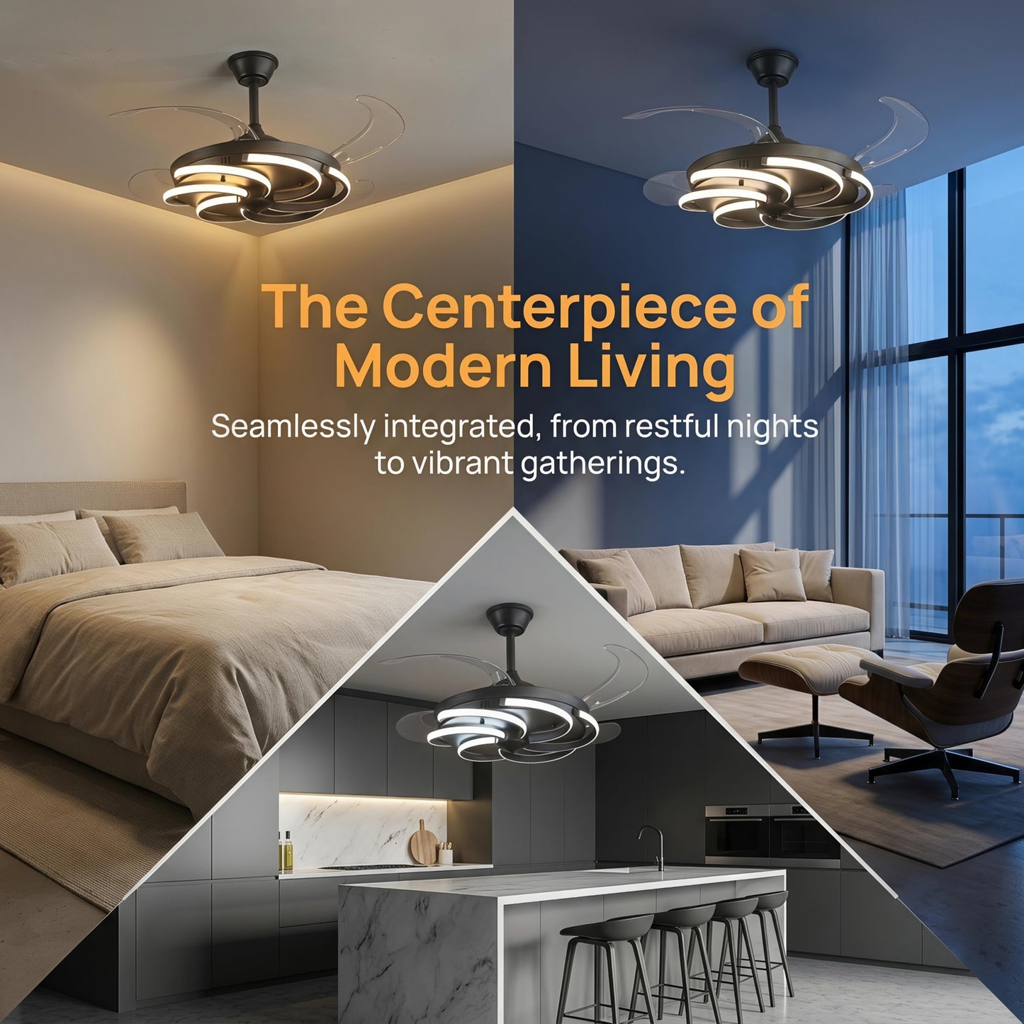 inrichifeir 42" Retractable Ceiling Fan with Lights Modern Fandelier Fan Light with Remote Bladeless Fan Ceiling Light for Bedroom Living Room 6 Speed