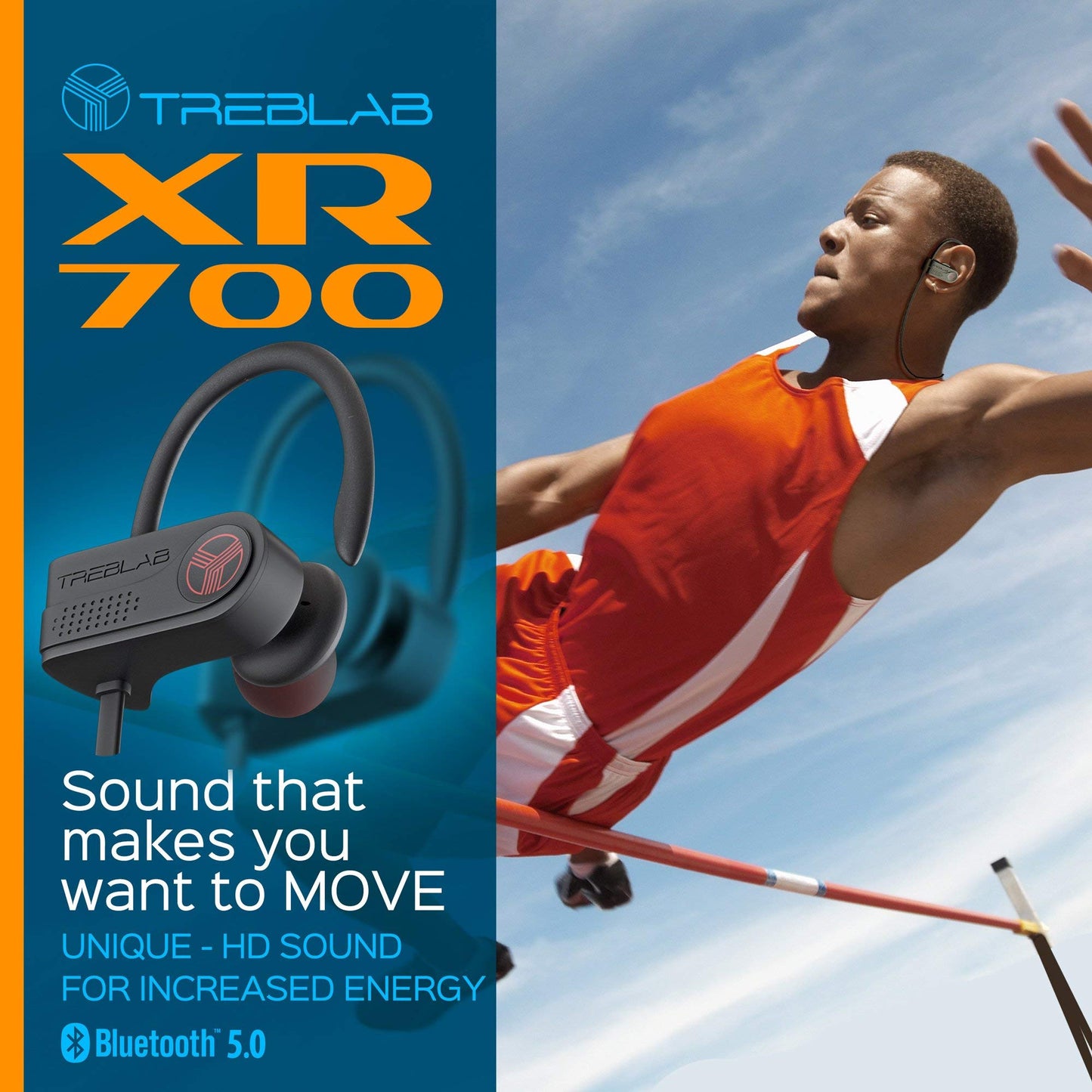 TREBLAB XR700 Wireless Earbuds - Bluetooth 5.0, IPX7 Waterproof, Noise Cancelling, Adjustable Earhooks, 9H Battery, Deep Bass, Mic - Sports Running