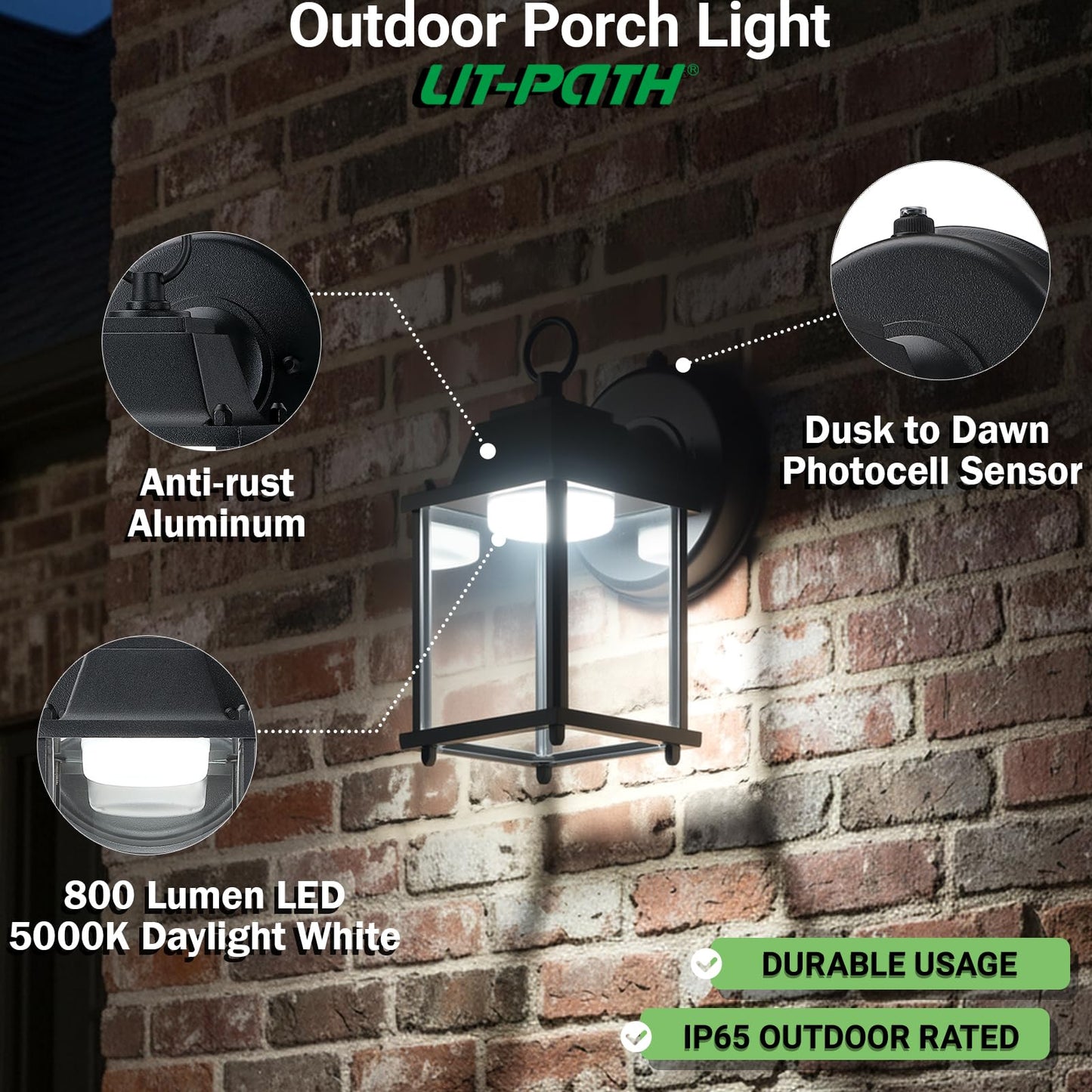 LIT-PaTH Dusk to Dawn Outdoor Wall Lantern, LED Wall Sconce, 5000K Daylight White, 9.5W, 800 Lumen, Aluminum Housing Plus Glass, Outdoor Rated