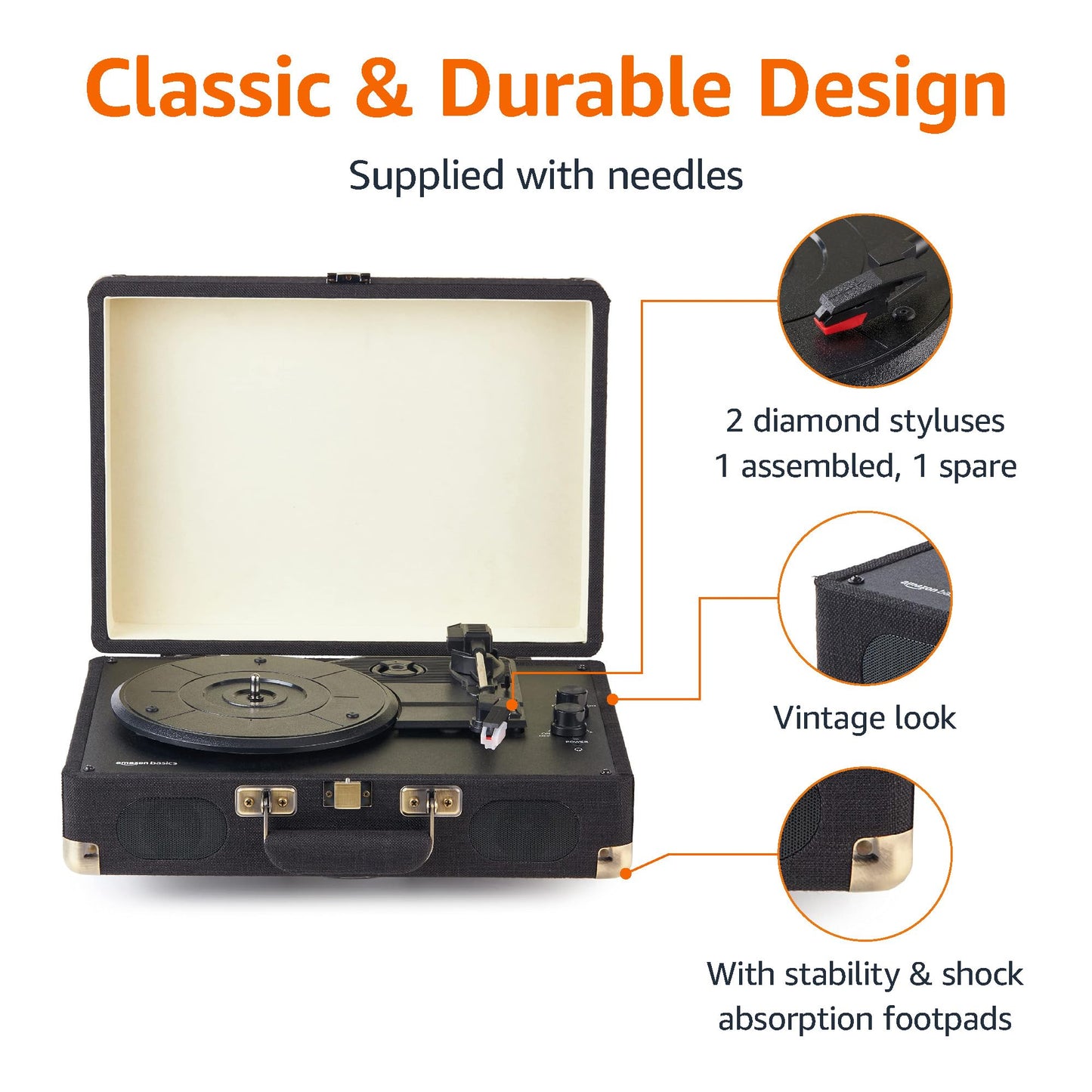 Amazon Basics Portable Suitcase Vinyl Turntable Record Player with Built-in Stereo Speakers, Belt Drive, 3-Speed, Bluetooth Playback, Black