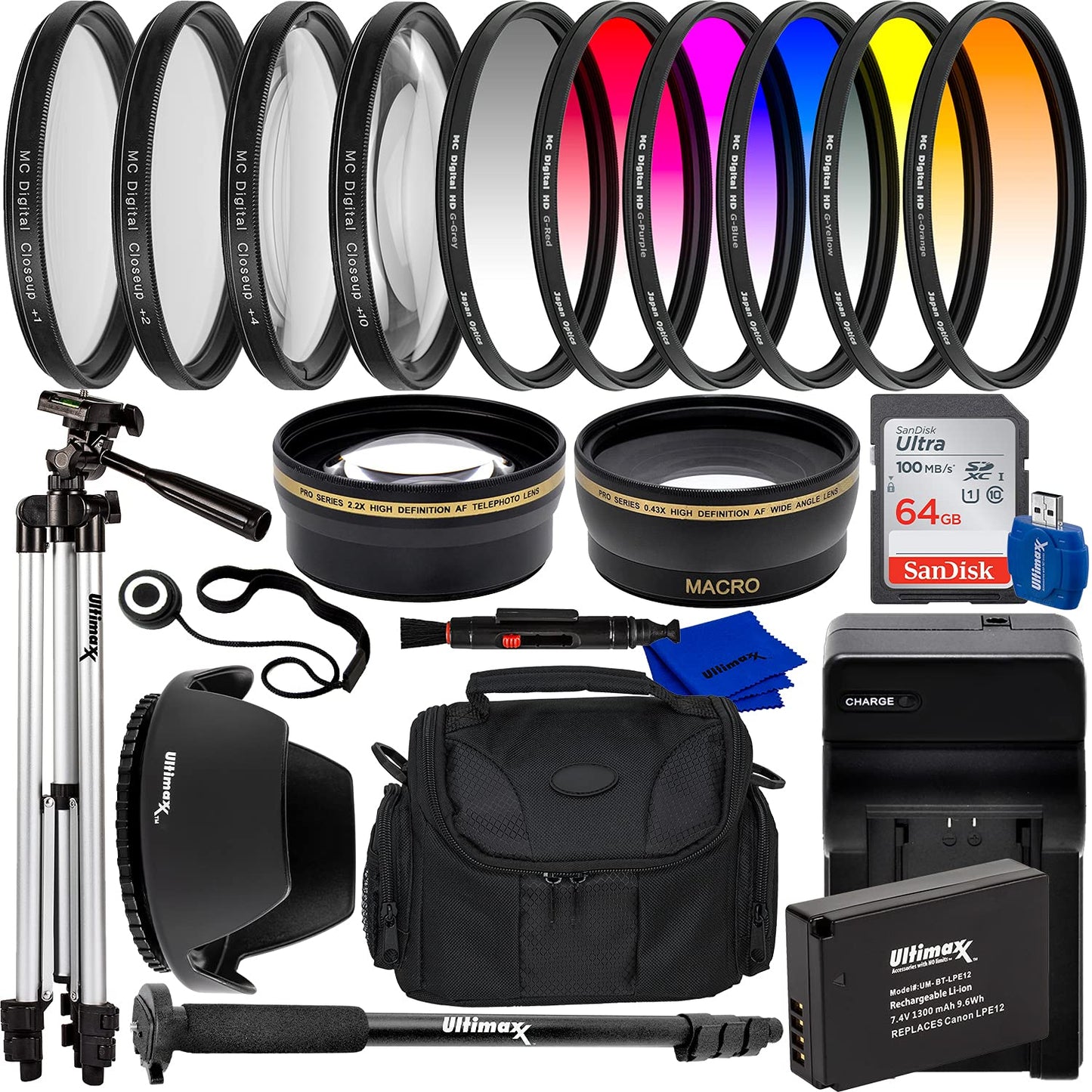 Ultimaxx 49mm Accessory Kit for Canon EOS M, M10, M100, M200, M50, M50, Mark II, Rebel SL1 &More - Includes: Ultra 64GB SDXC, 0.43x Wide Angle Lens