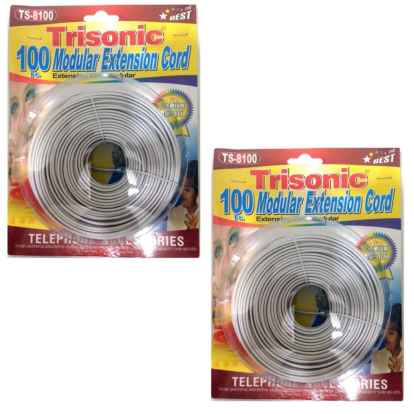 Trisonic Telephone Extension Cord Phone Cable Foot, White, 100Ft, 2-Pack