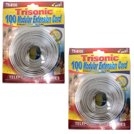 Trisonic Telephone Extension Cord Phone Cable Foot, White, 100Ft, 2-Pack