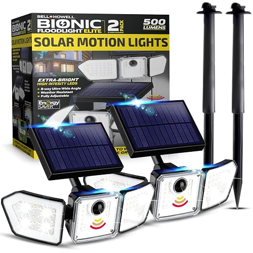 Bell+Howell Solar Flood Lights Outdoor Motion Sensor 2 Pack, 500 Lumens 89 LEDs, 3 Heads Wide Angle 1420 Sq Ft Coverage, IP65 Waterproof Solar