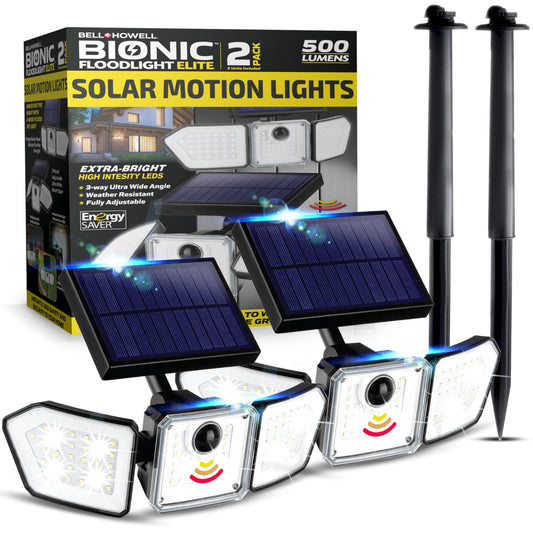 Bell+Howell Solar Flood Lights Outdoor Motion Sensor 2 Pack, 500 Lumens 89 LEDs, 3 Heads Wide Angle 1420 Sq Ft Coverage, IP65 Waterproof Solar