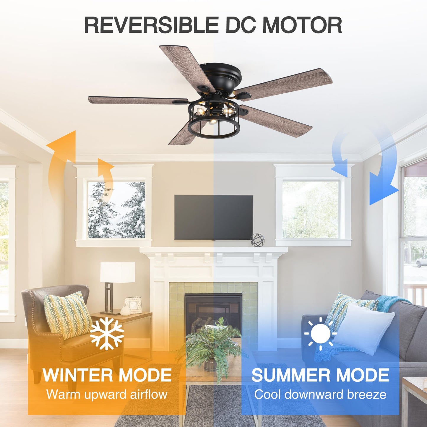 Breezary 52 Inch Flush Mount Farmhouse Rustic Ceiling Fan with Light and Remote, Reversible AC Motor, 5 Dual Finish Blades, Industrial Low Profile