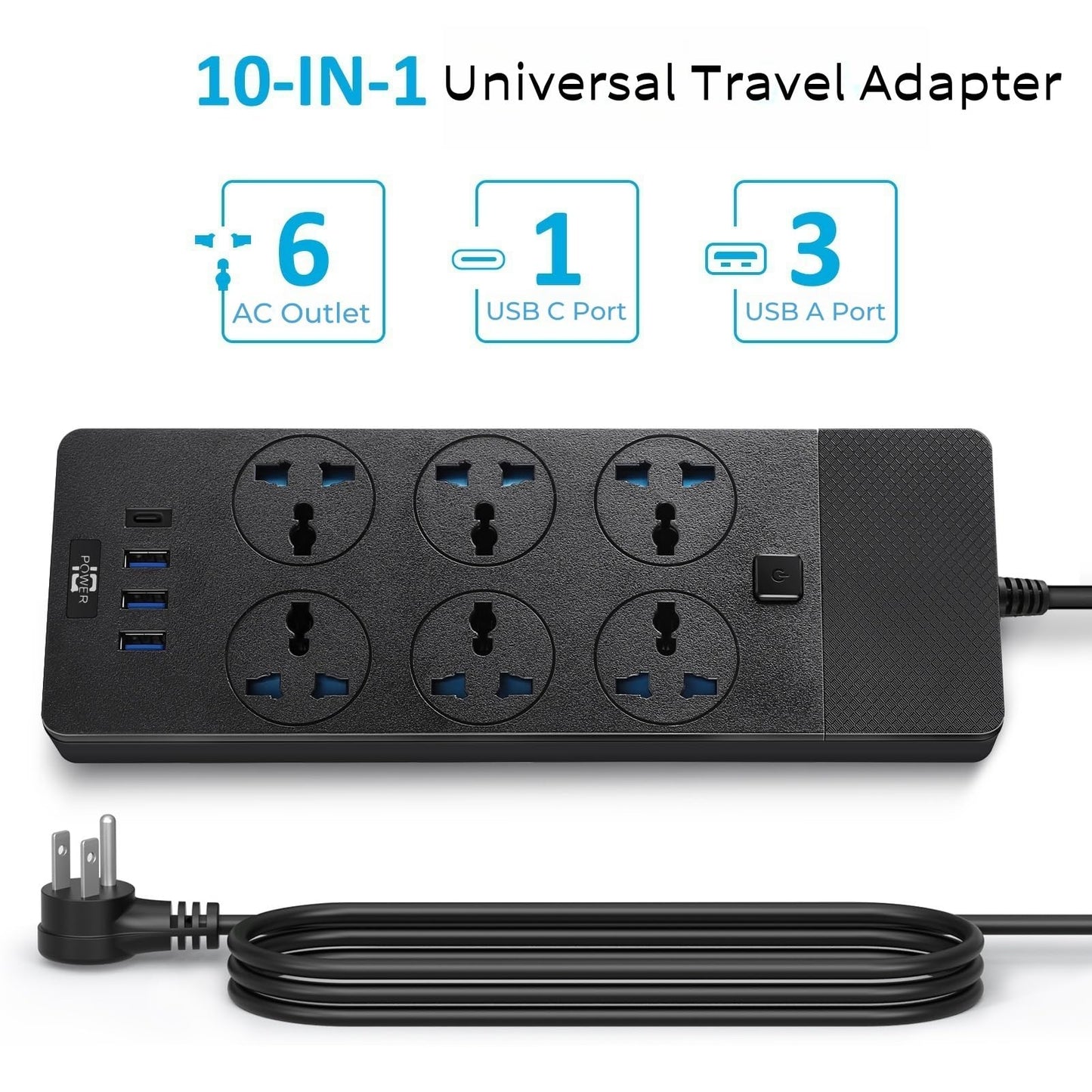 Universal Power Adapter, Jumpso 3000w Power Strip with 4 USB Ports (1 USB C), 6ft Extension Cord with International Outlets, 110-240v, European Travel