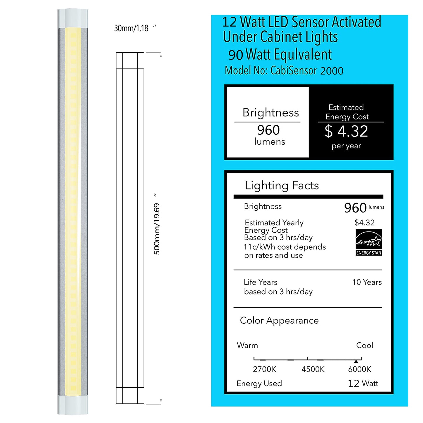 Under Cabinet Lighting LED 20In Kitchen Under Counter Light Fixtures Dimmable with Manual Sensor Control,Desk,Over Sink,Tool Box Hutch Light Bar Plug